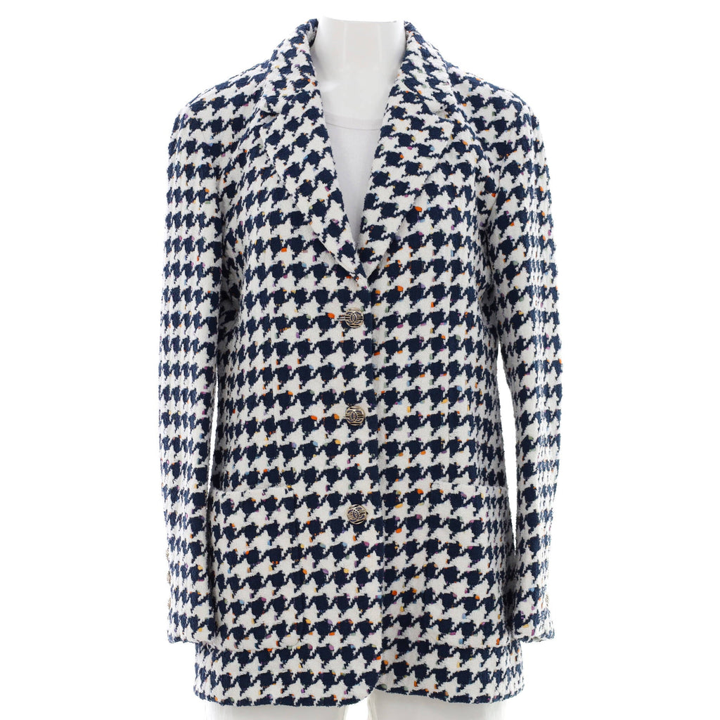 Women's Button Up Blazer Houndstooth Tweed