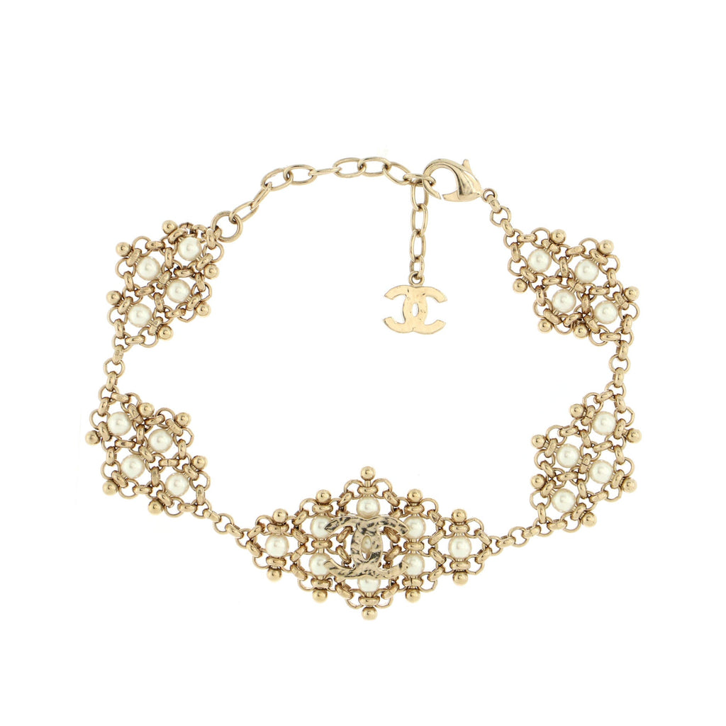 CC Diamond Cluster Choker Necklace Metal and Faux Pearls