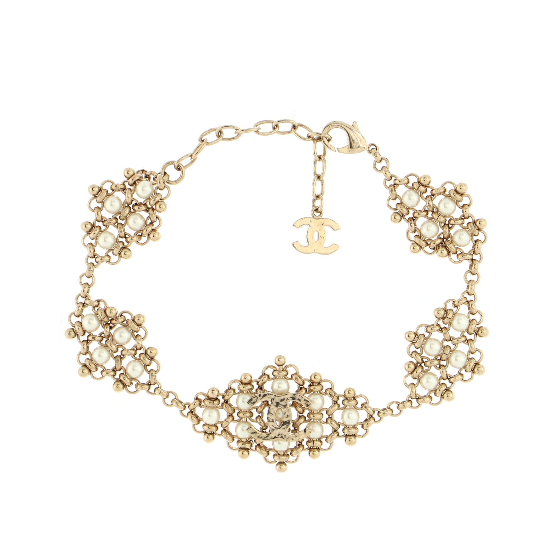 CC Diamond Cluster Choker Necklace Metal and Faux Pearls