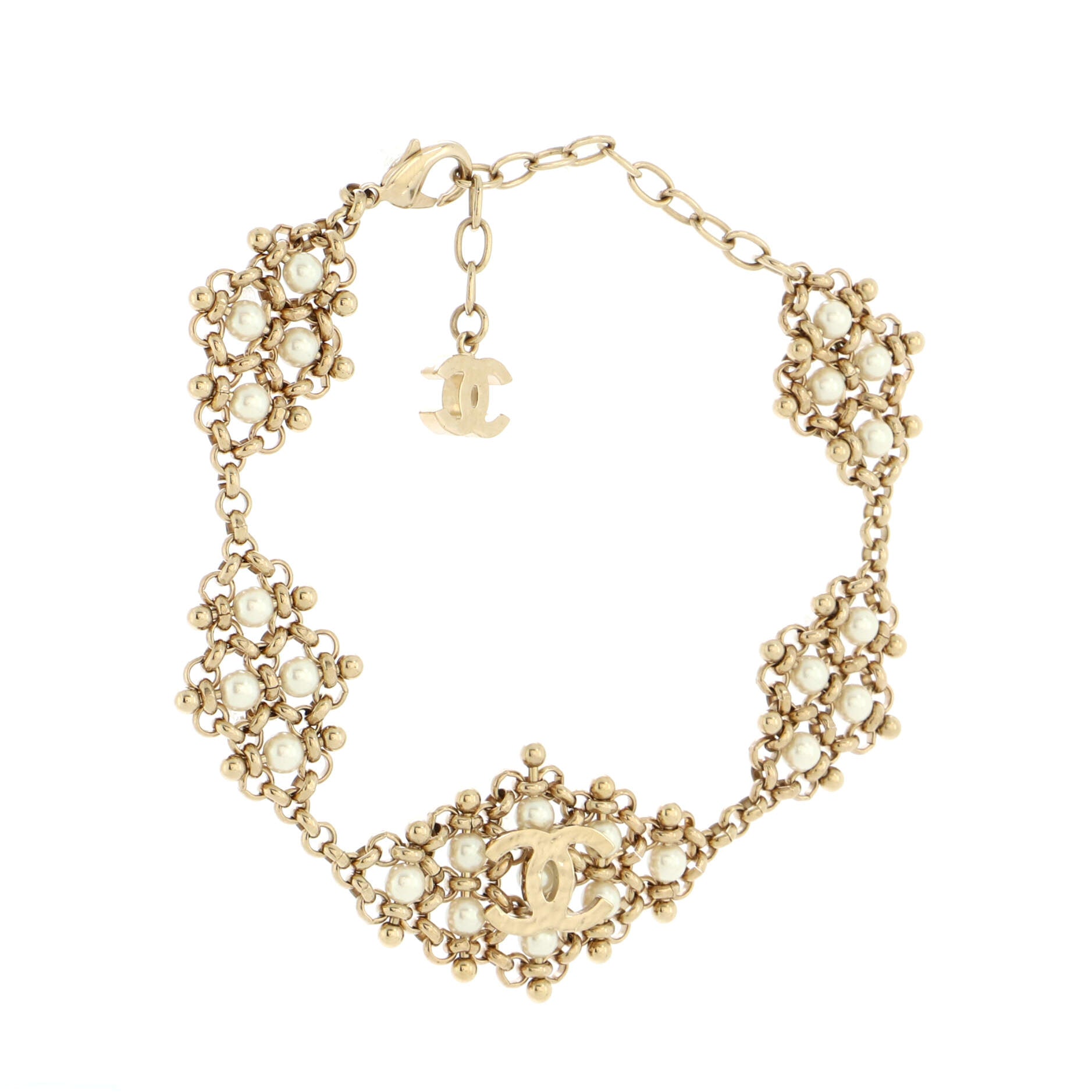 CC Diamond Cluster Choker Necklace Metal and Faux Pearls