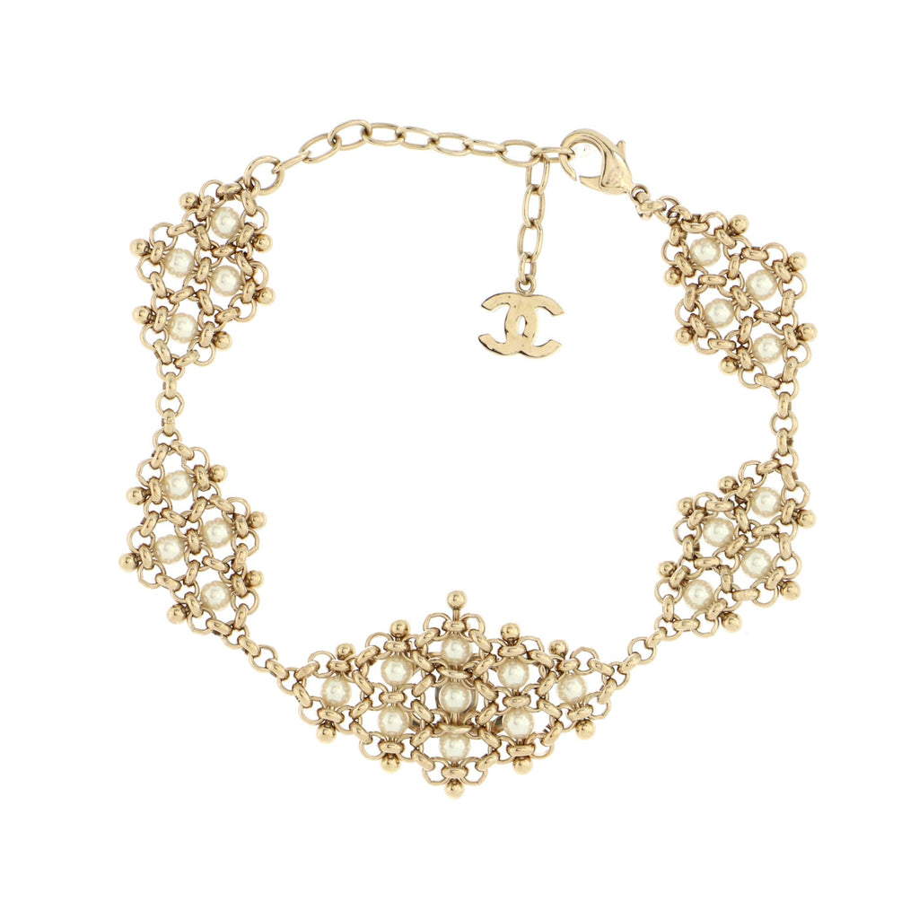 CC Diamond Cluster Choker Necklace Metal and Faux Pearls