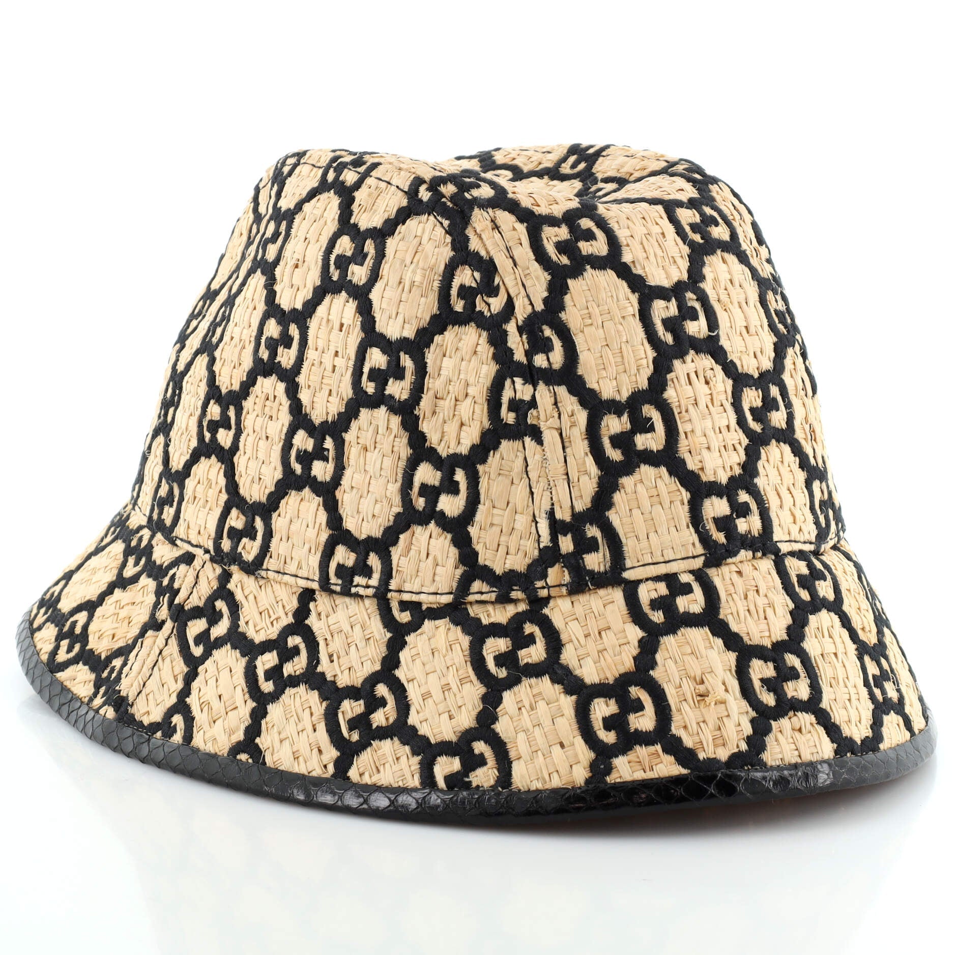 Bucket Hat Woven Raffia with Snakeskin Detail