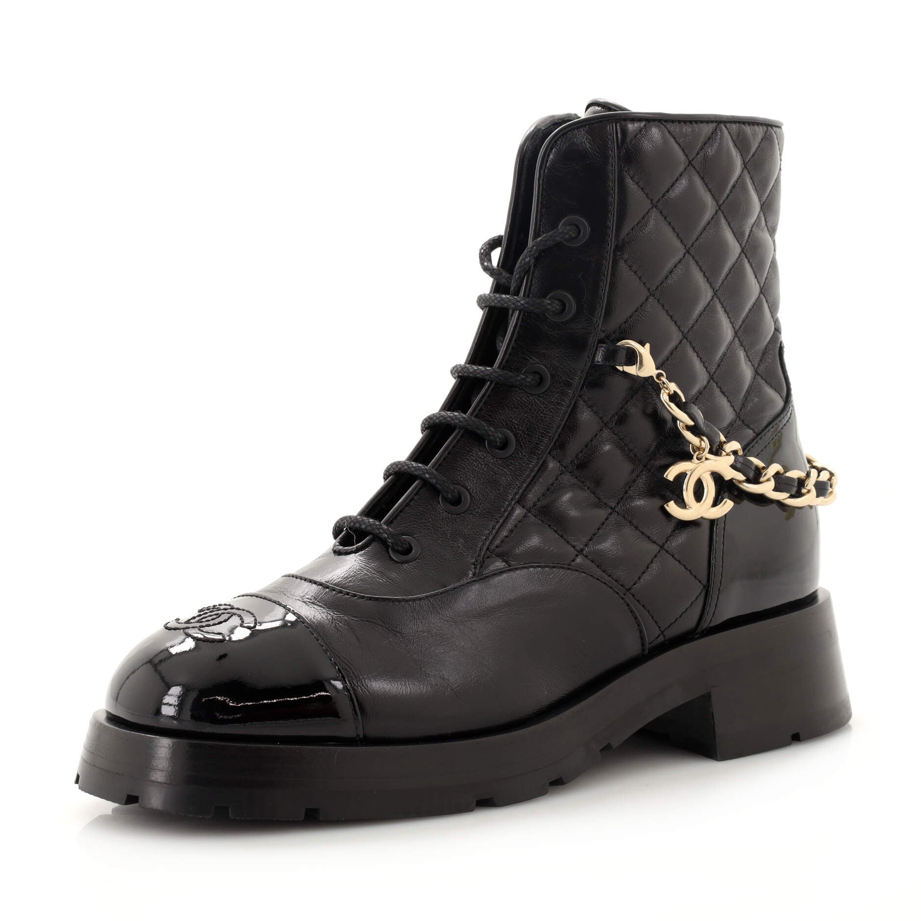 Women's Charm Chain CC Cap Toe Combat Boots Quilted Leather
