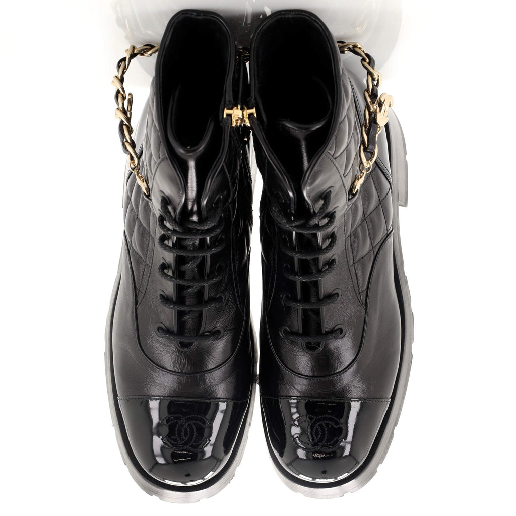 Women's Charm Chain CC Cap Toe Combat Boots Quilted Leather