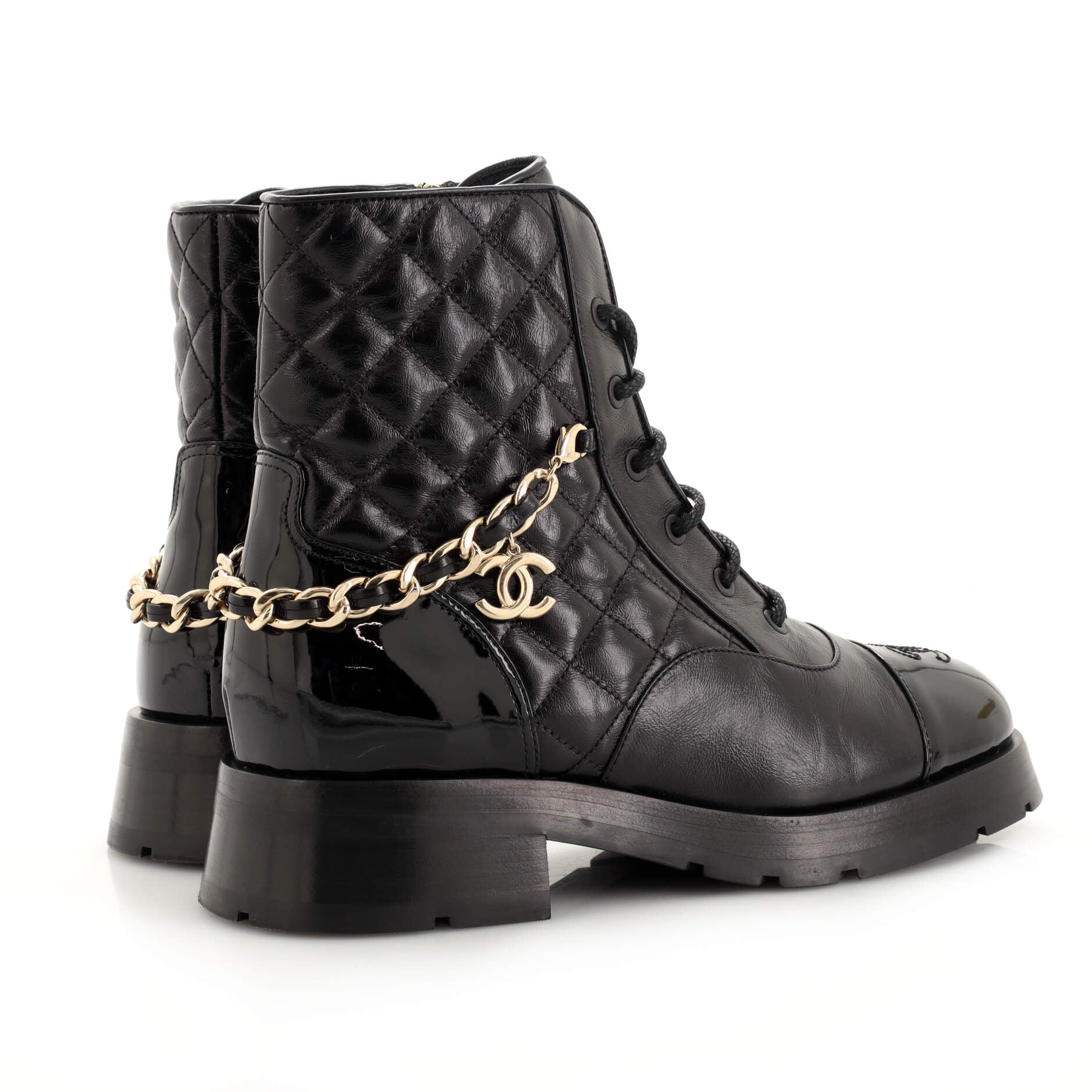 Women's Charm Chain CC Cap Toe Combat Boots Quilted Leather