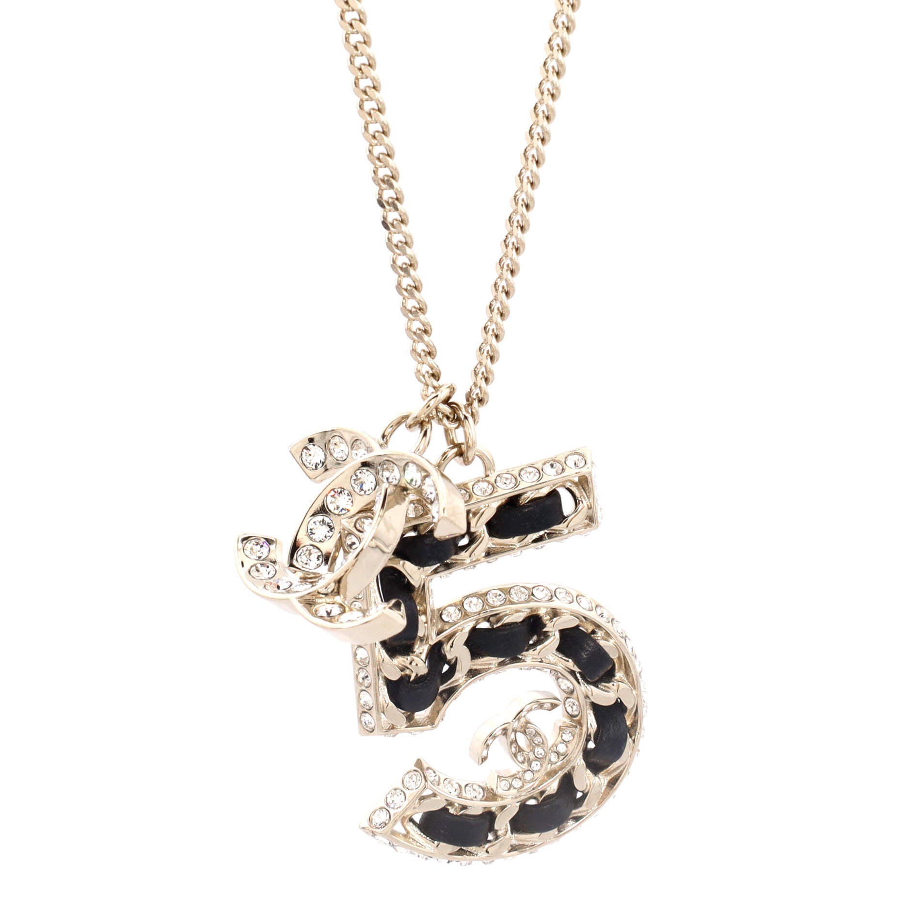 CC No.5 Woven Chain Pendant Necklace Metal with Leather and Crystals