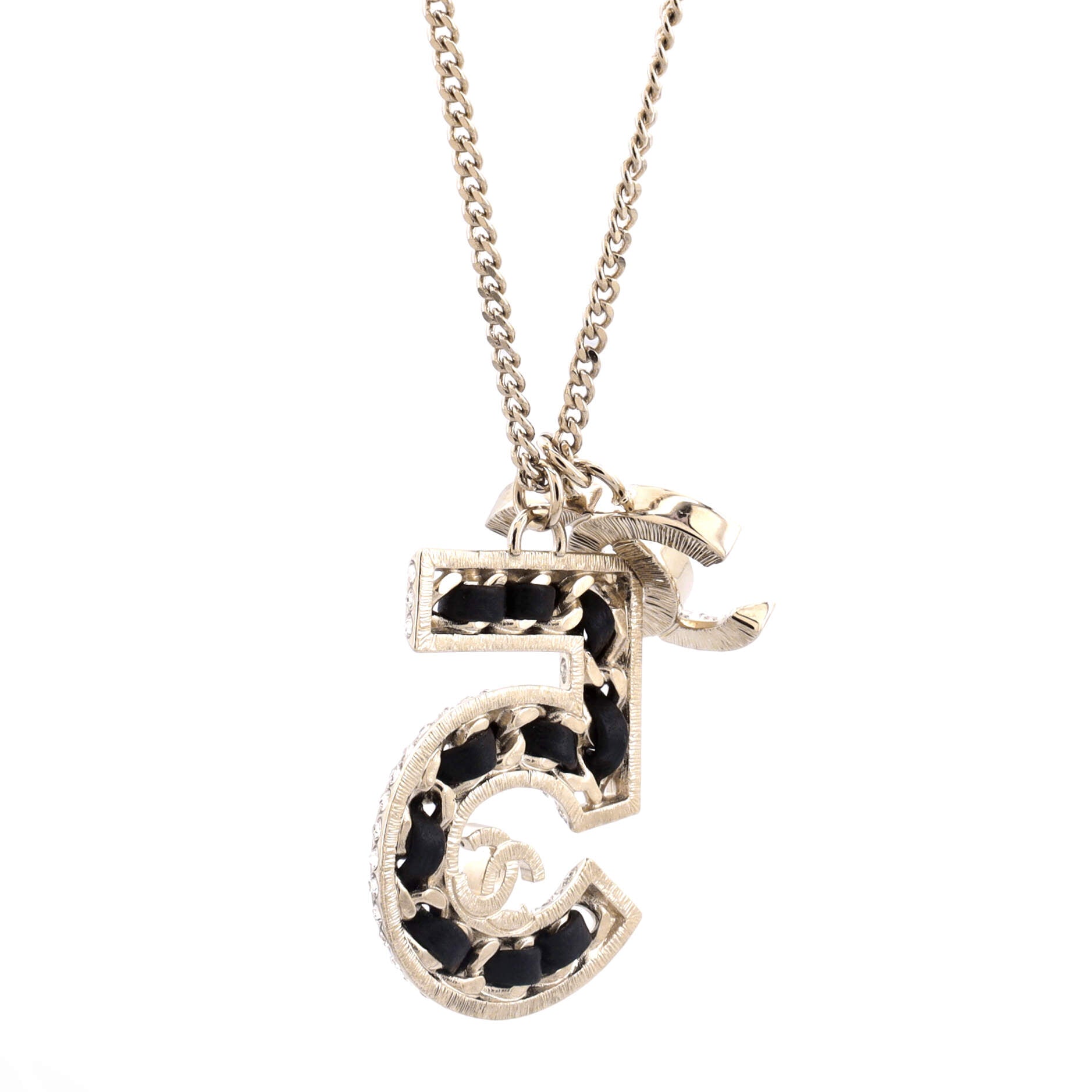 CC No.5 Woven Chain Pendant Necklace Metal with Leather and Crystals