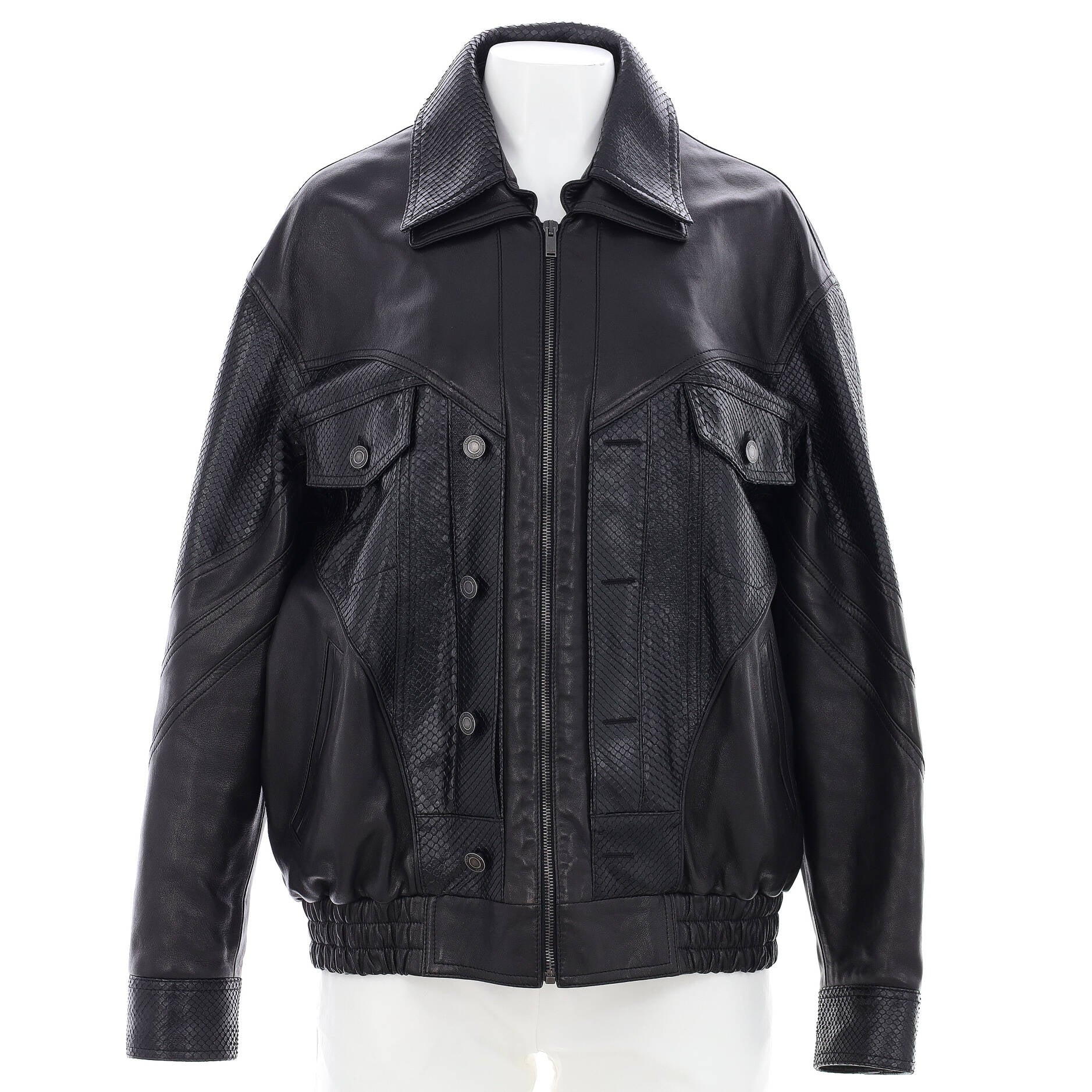 Women's Paneled Double Collar Zip Jacket Leather and Python