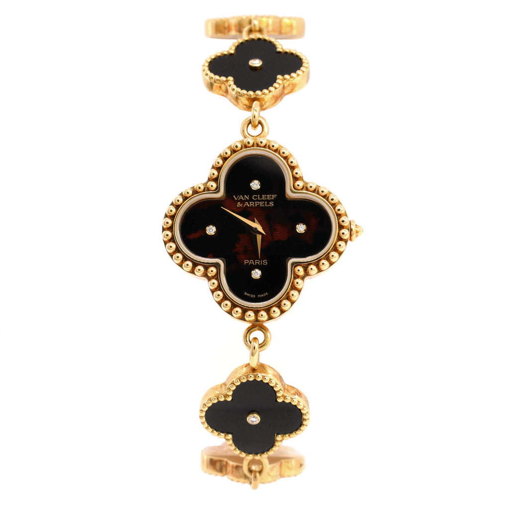 Vintage Alhambra Quartz Watch Yellow Gold and Onyx with Diamond Markers 26