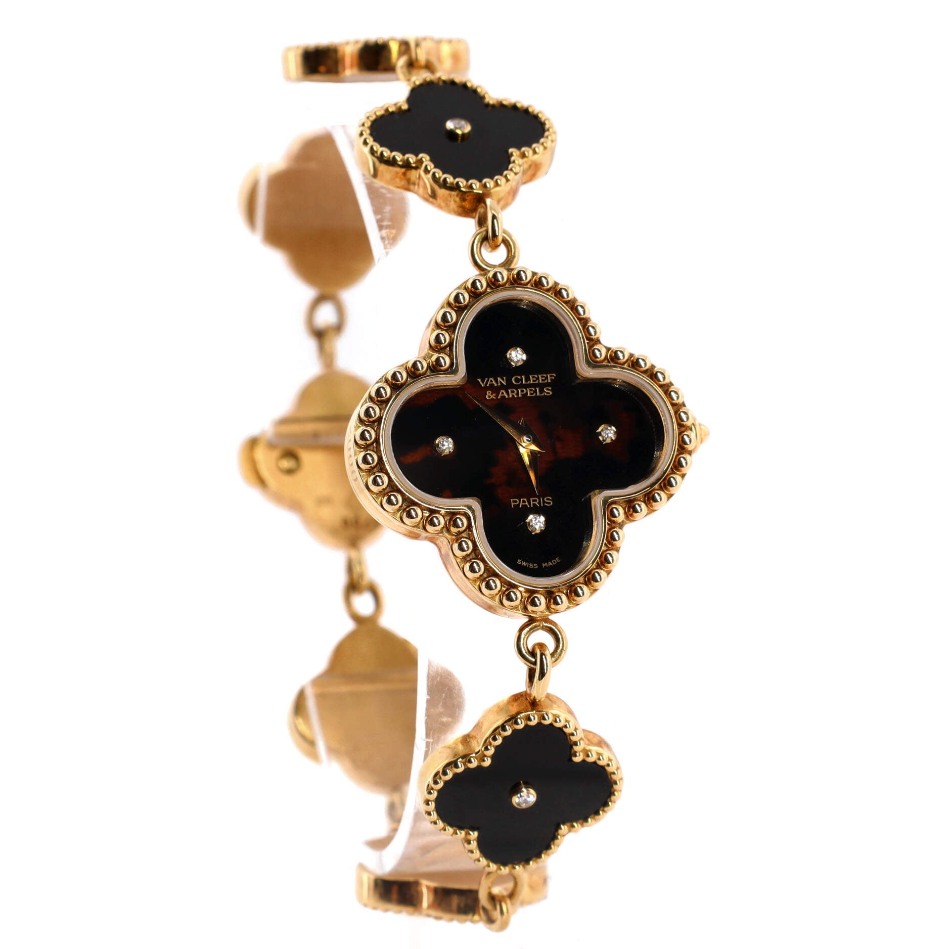 Vintage Alhambra Quartz Watch Yellow Gold and Onyx with Diamond Markers 26