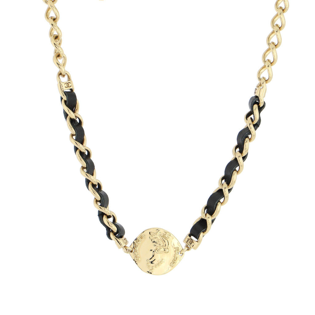 CC Medallion Choker Chain Necklace Metal and Leather