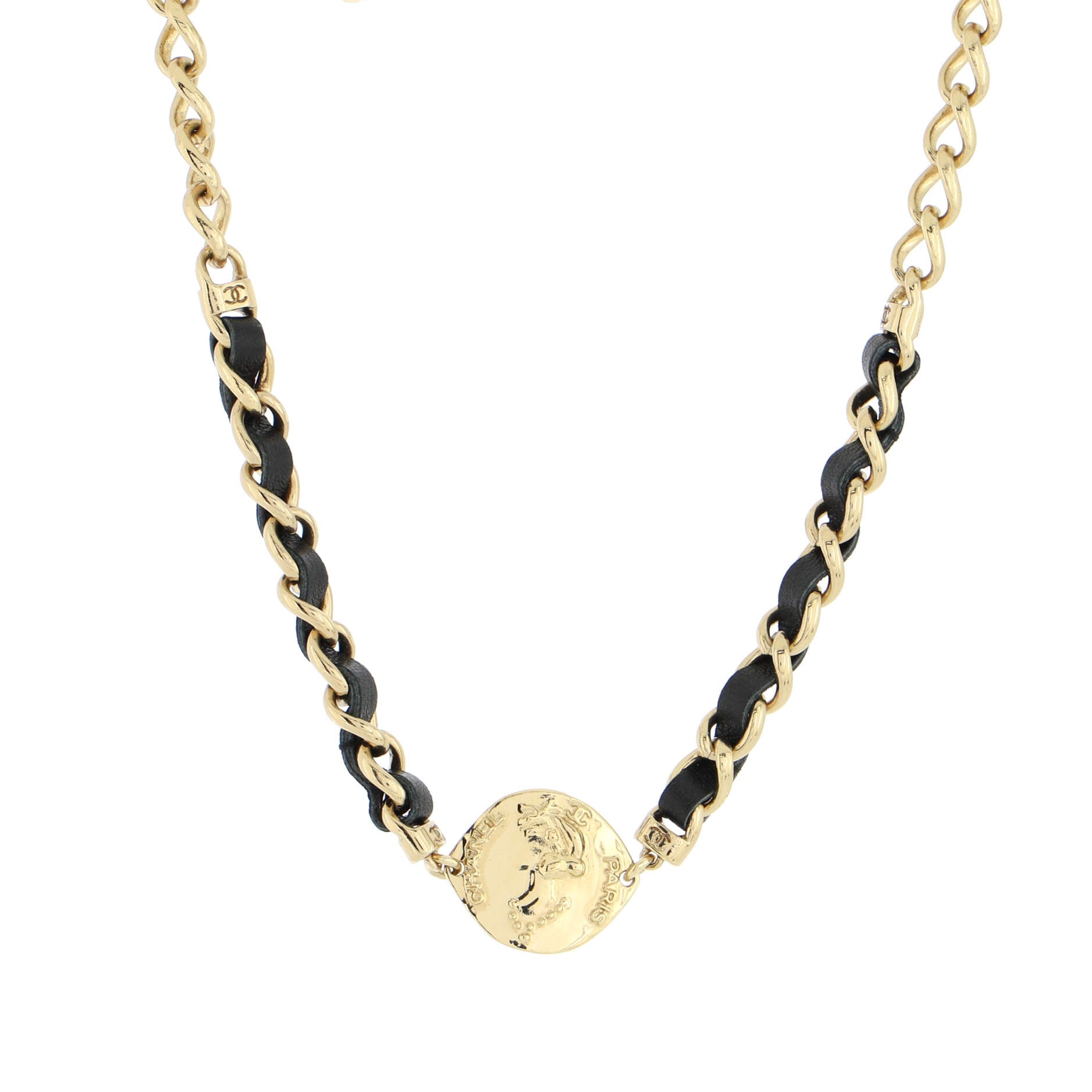 CC Medallion Choker Chain Necklace Metal and Leather
