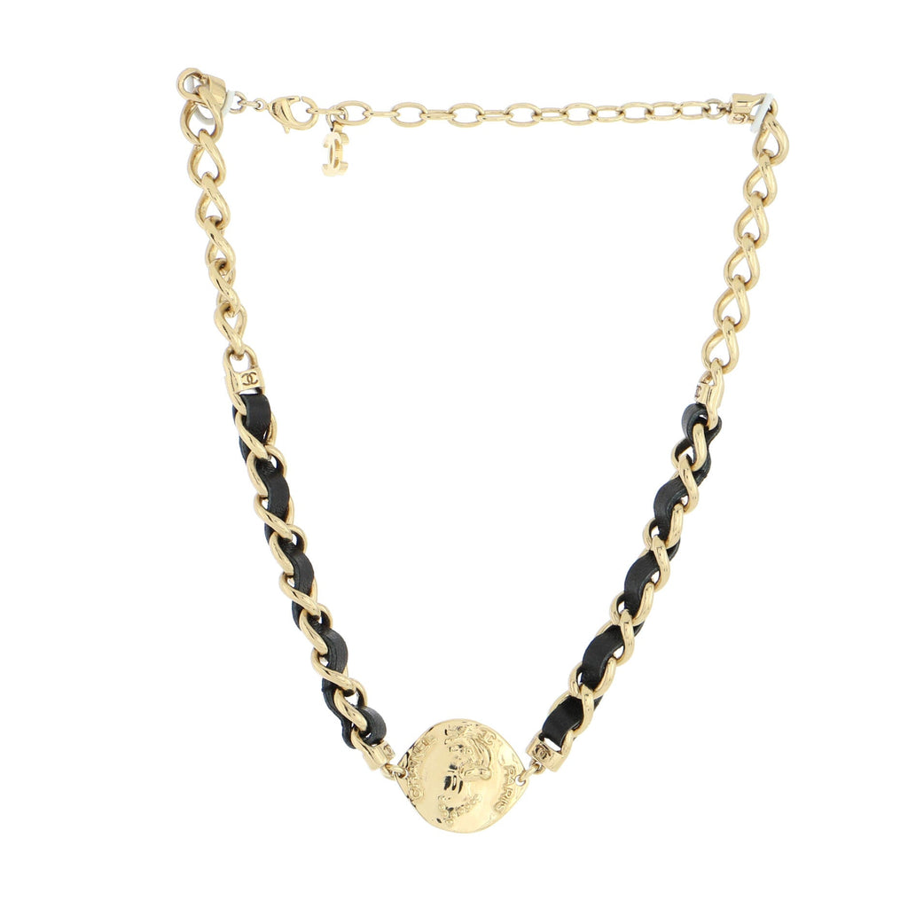 CC Medallion Choker Chain Necklace Metal and Leather