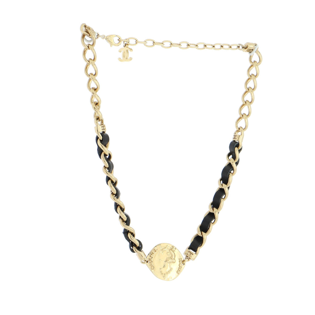 CC Medallion Choker Chain Necklace Metal and Leather