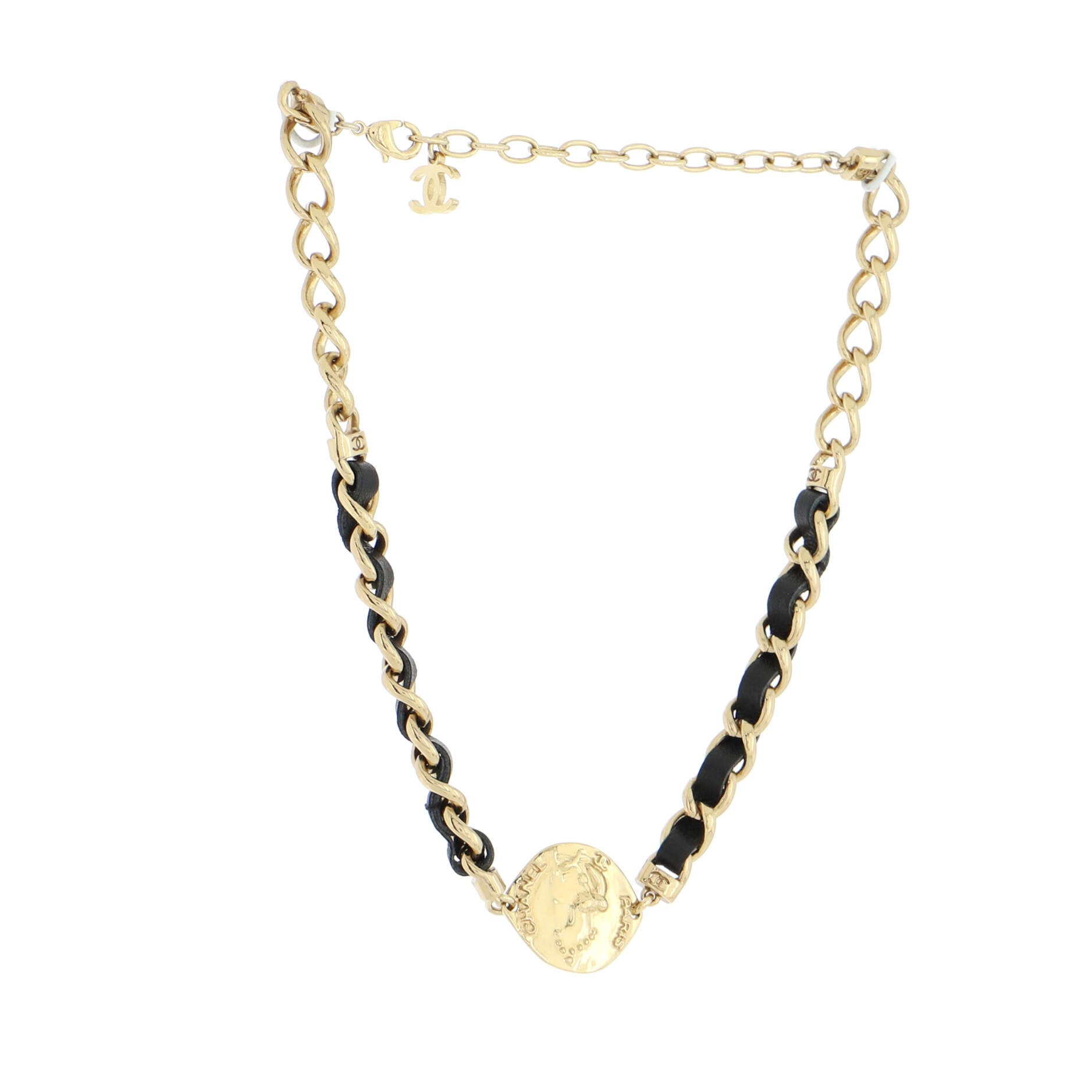 CC Medallion Choker Chain Necklace Metal and Leather