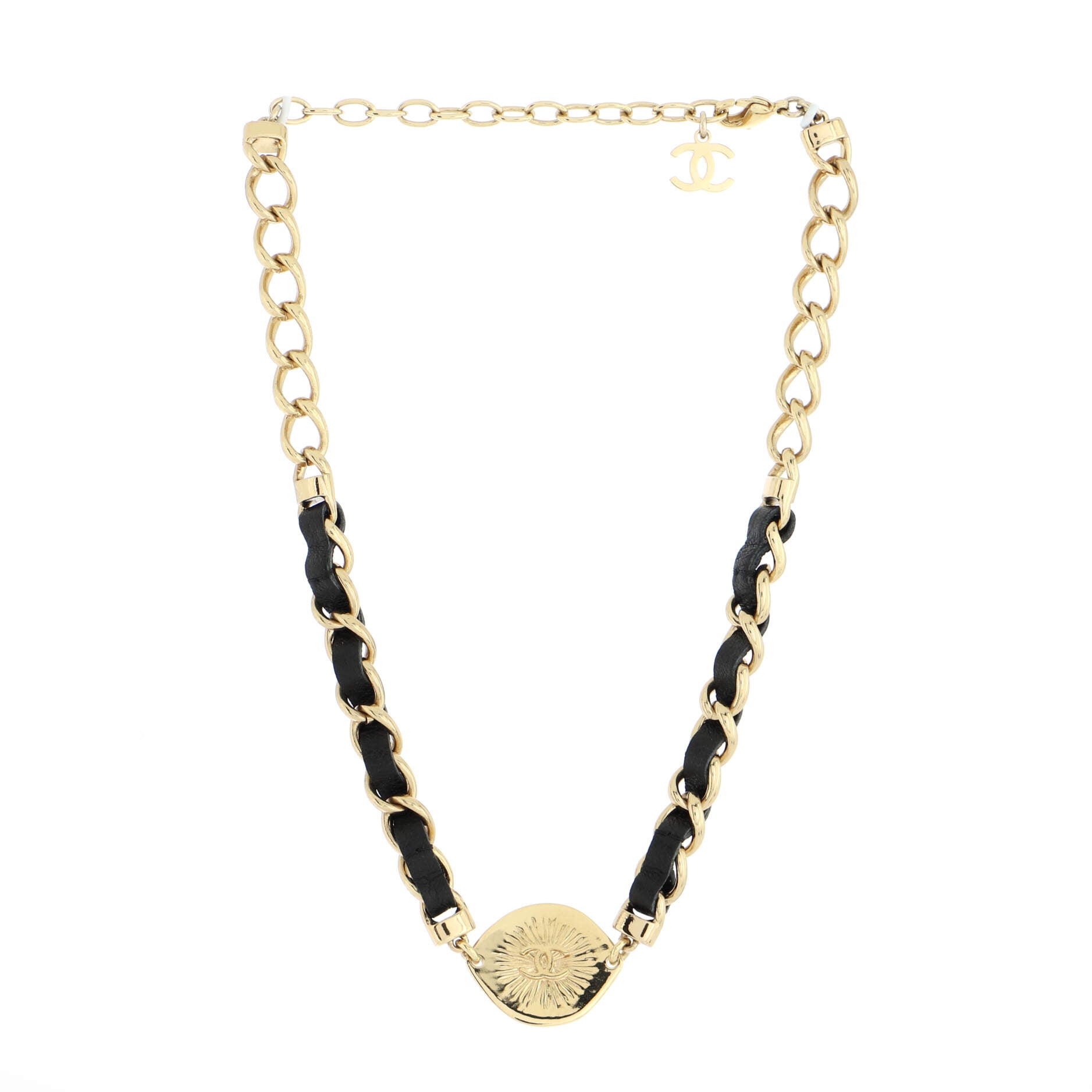 CC Medallion Choker Chain Necklace Metal and Leather