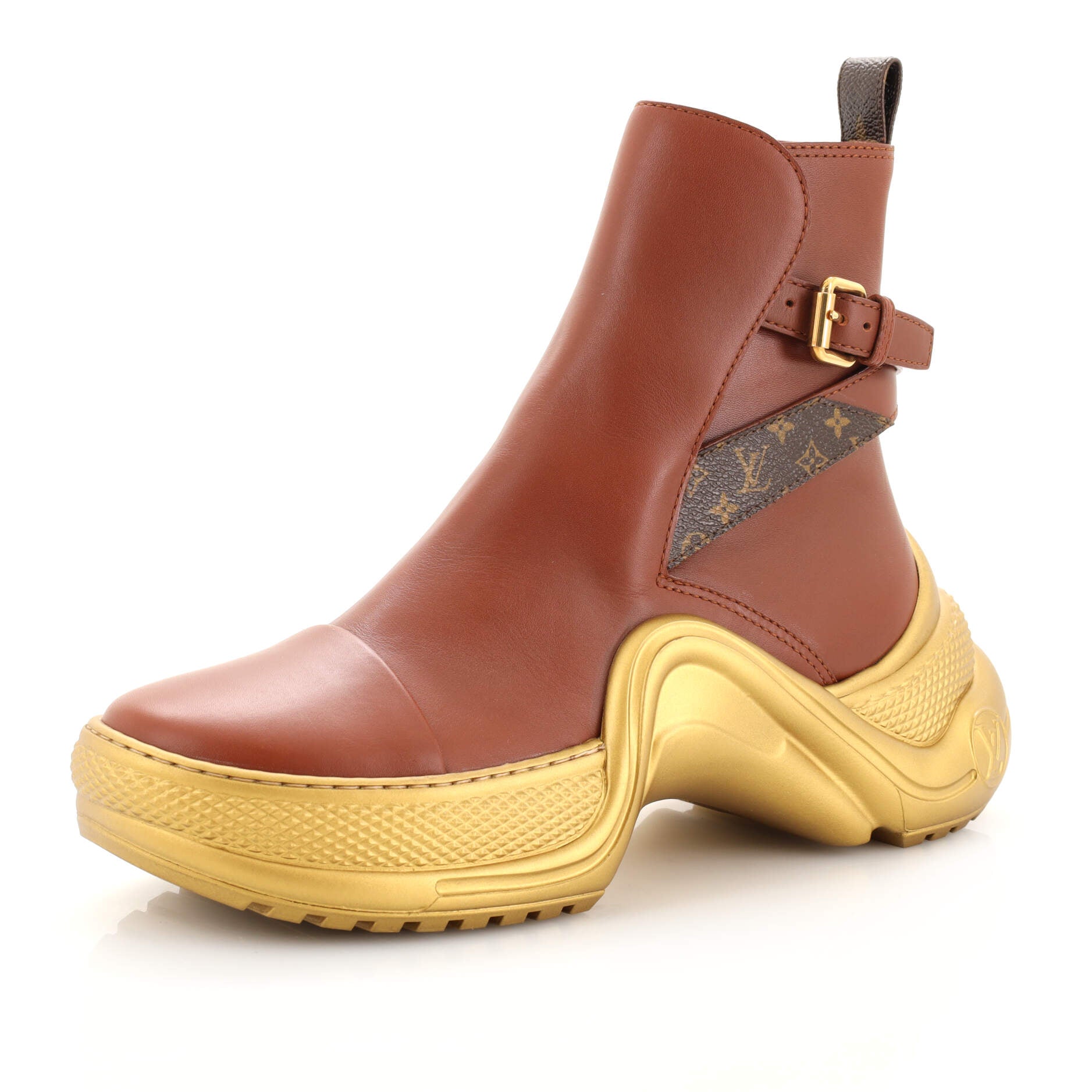 Women's Archlight Buckle Strap Ankle Boots Leather with Monogram Canvas