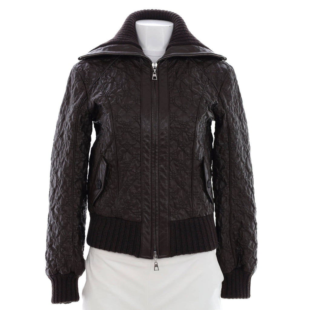 Women's Zip Up Collar Bomber Jacket Embroidered Monogram Leather with Wool