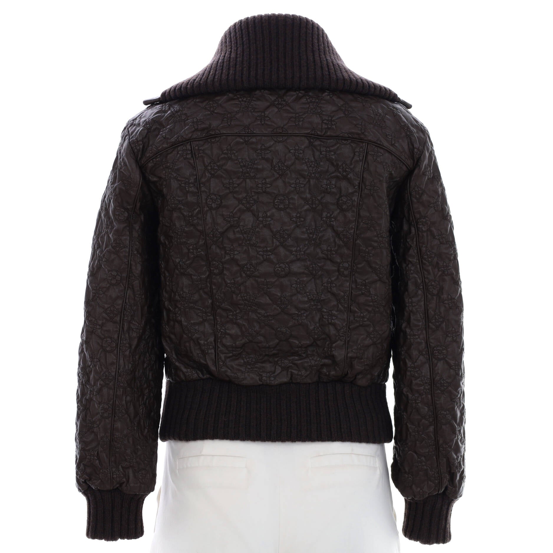 Women's Zip Up Collar Bomber Jacket Embroidered Monogram Leather with Wool