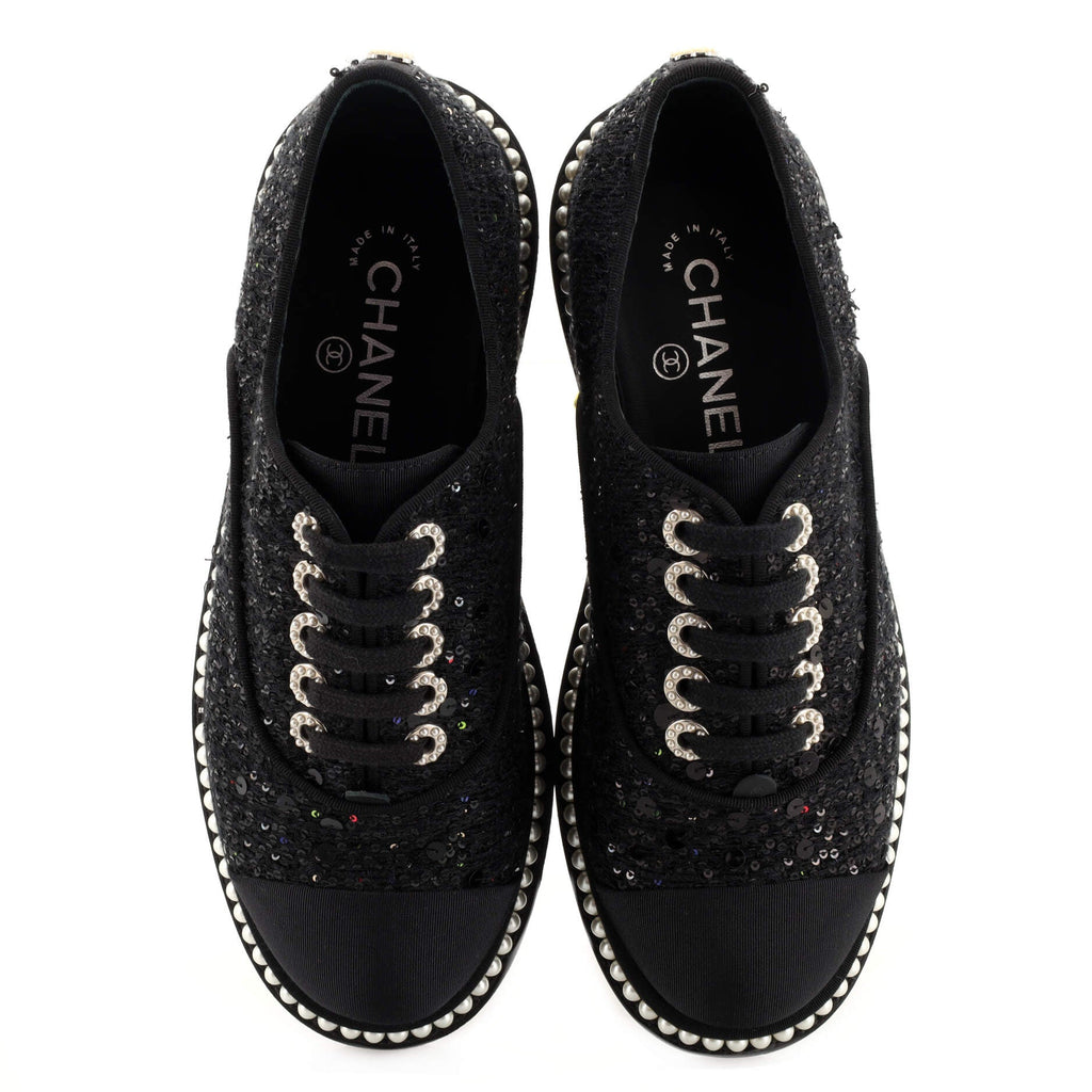 Women's CC Cap Toe Platform Sneakers Sequin Embellished Tweed with Pearls