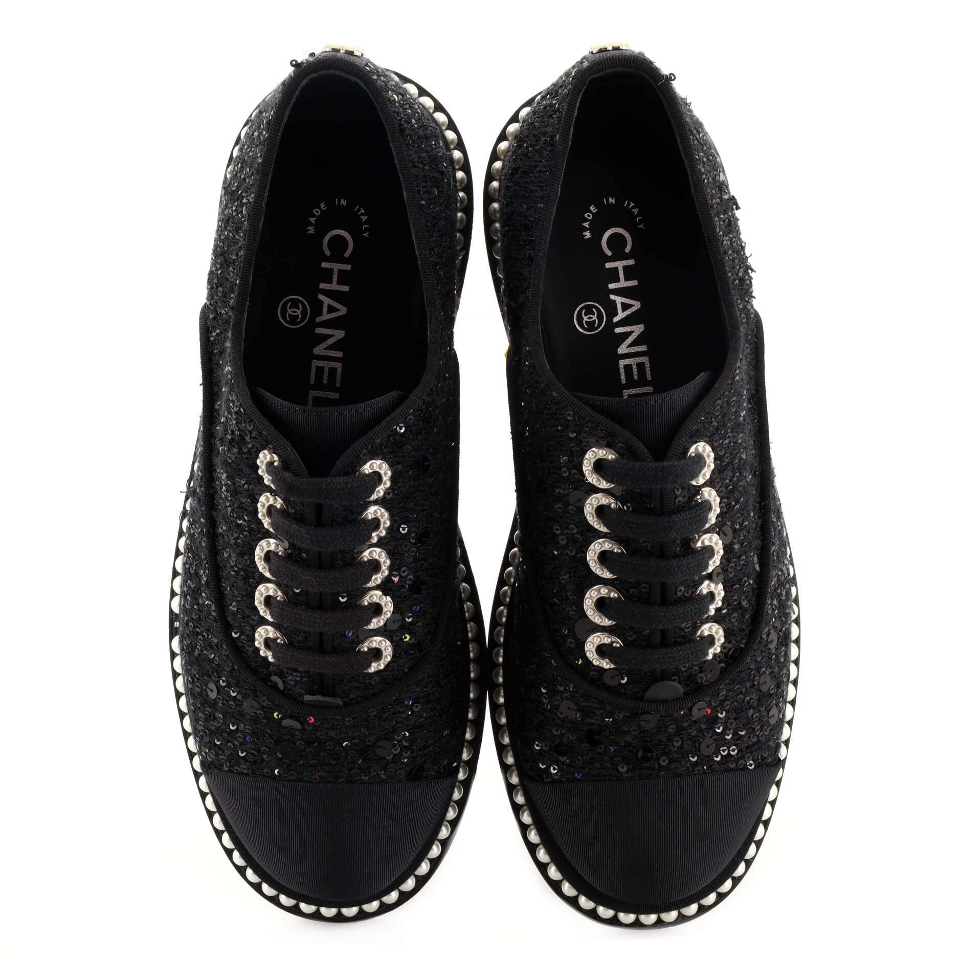Women's CC Cap Toe Platform Sneakers Sequin Embellished Tweed with Pearls