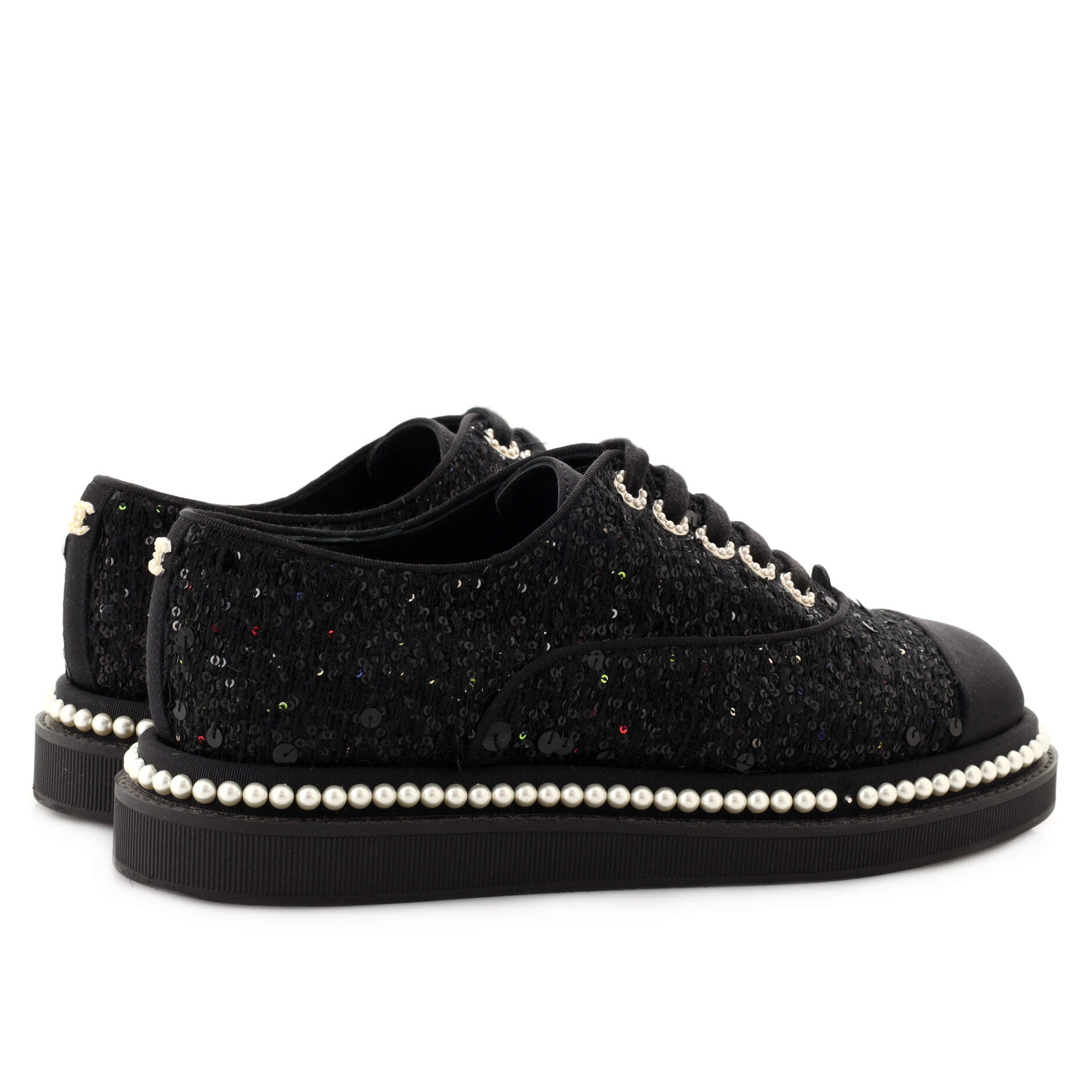 Women's CC Cap Toe Platform Sneakers Sequin Embellished Tweed with Pearls
