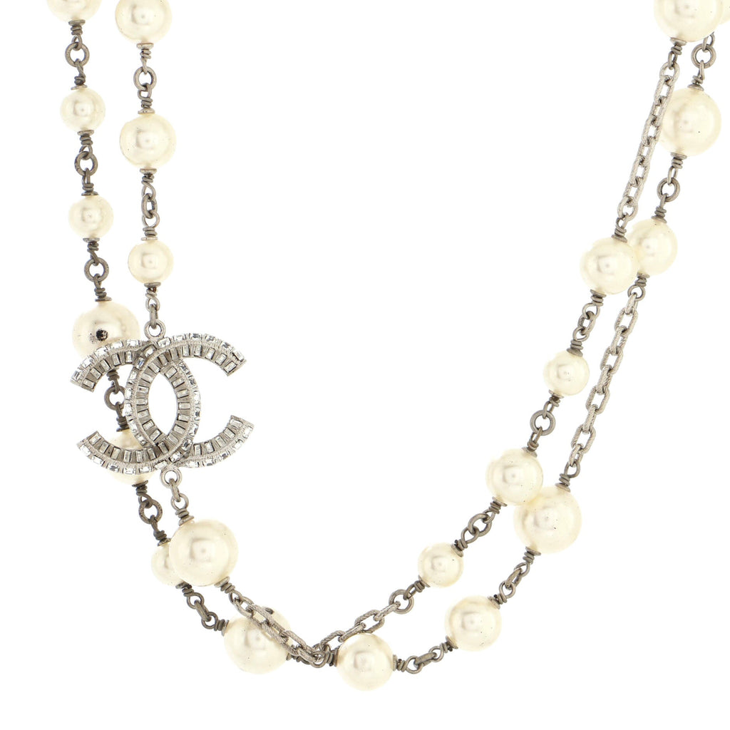 CC Station Long Necklace Metal with Faux Pearls and Crystals