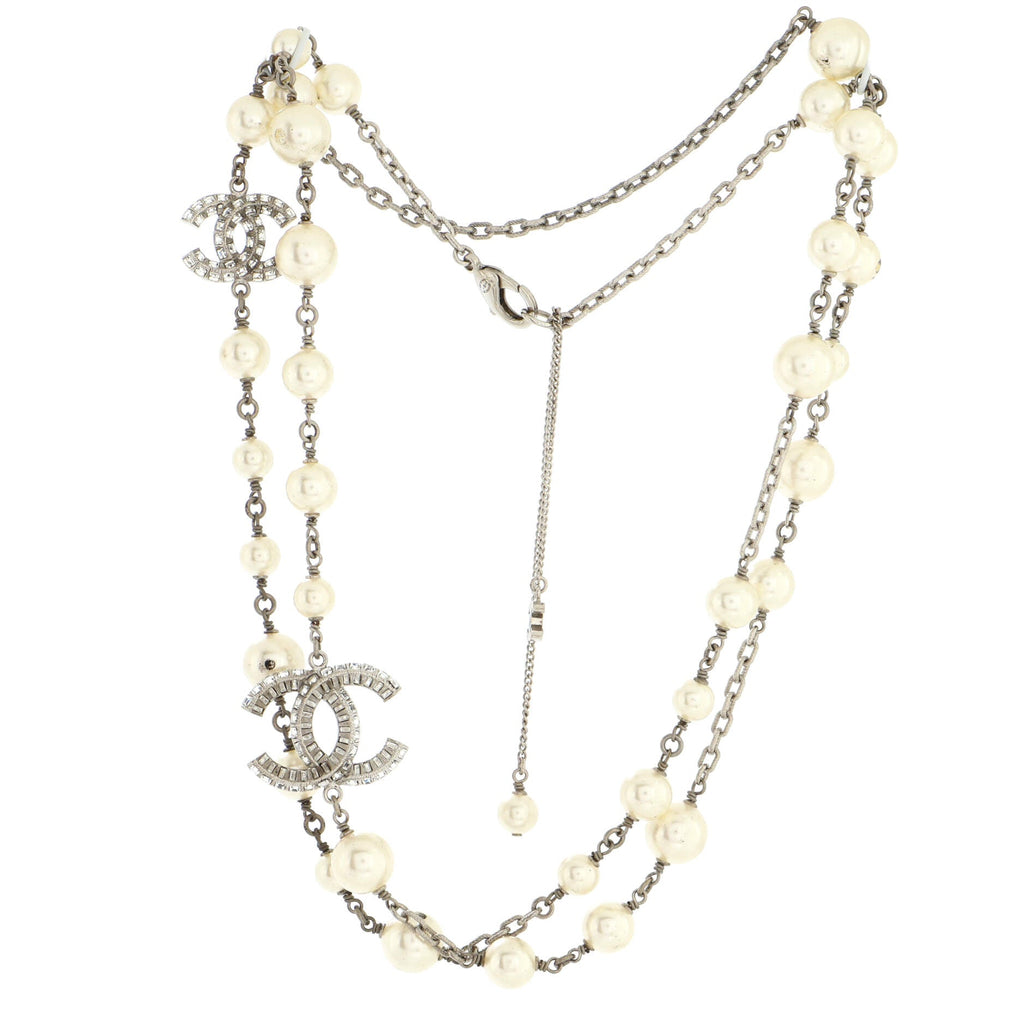 CC Station Long Necklace Metal with Faux Pearls and Crystals