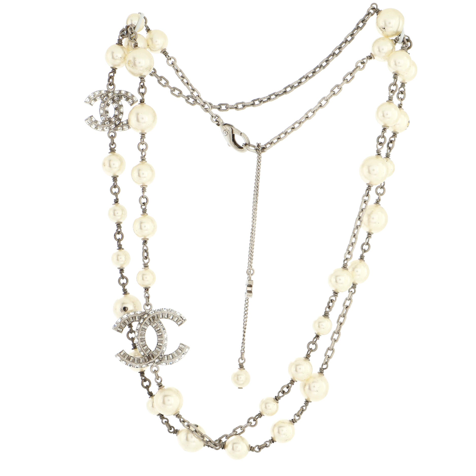 CC Station Long Necklace Metal with Faux Pearls and Crystals