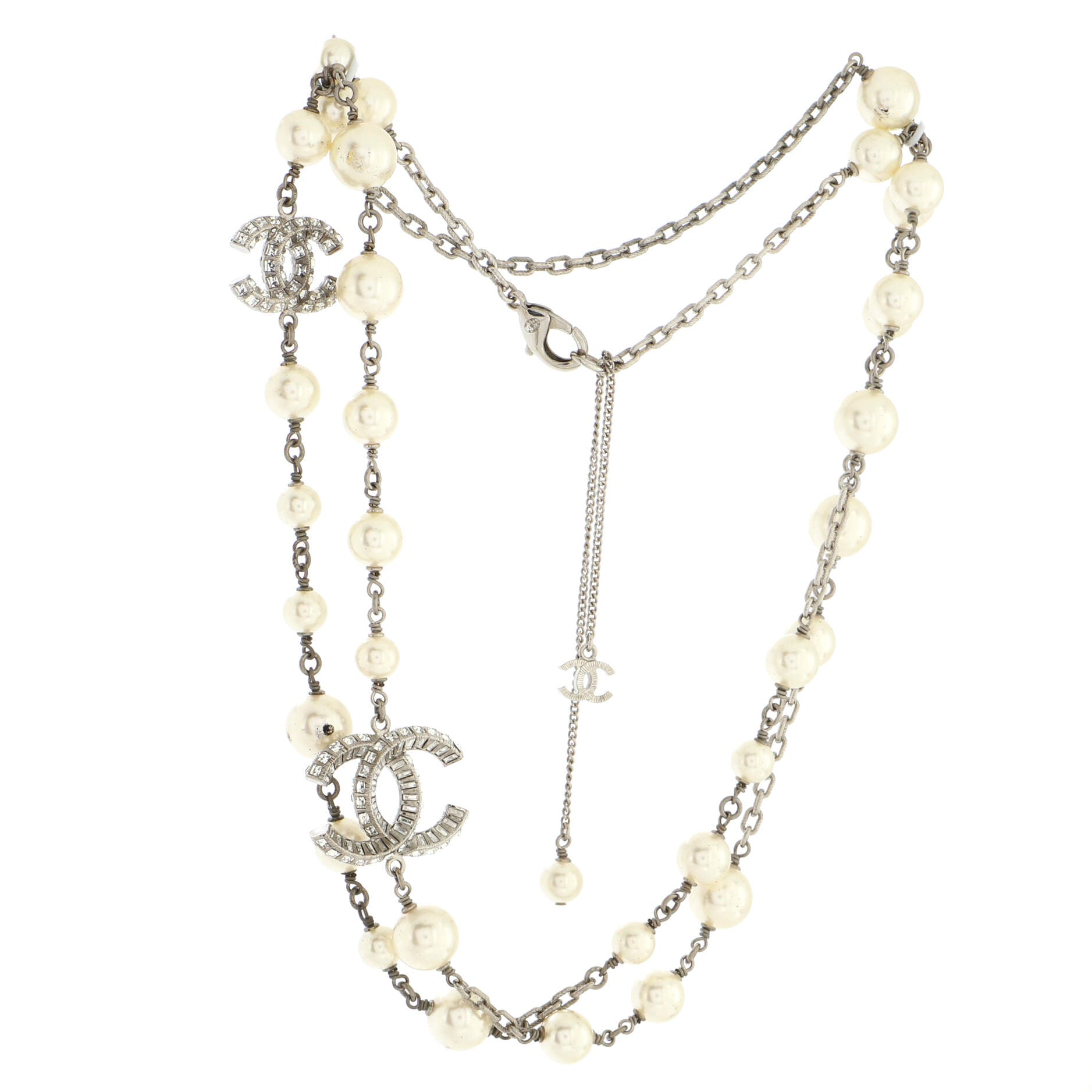 CC Station Long Necklace Metal with Faux Pearls and Crystals