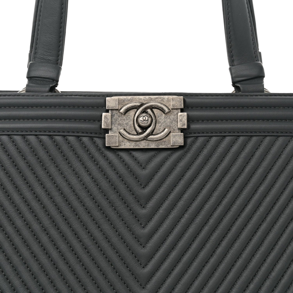 Calfskin Chevron Quilted Boy Shopping Tote Grey