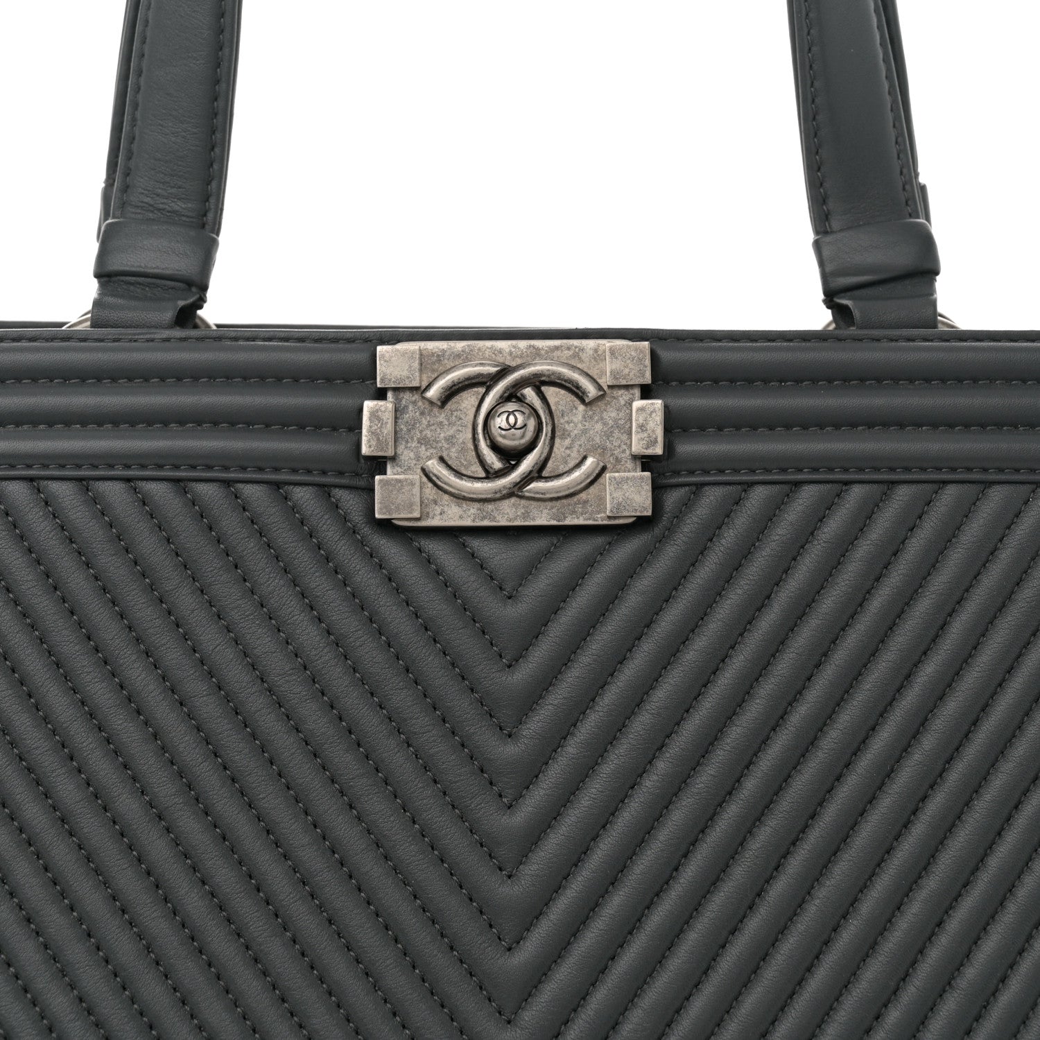Calfskin Chevron Quilted Boy Shopping Tote Grey
