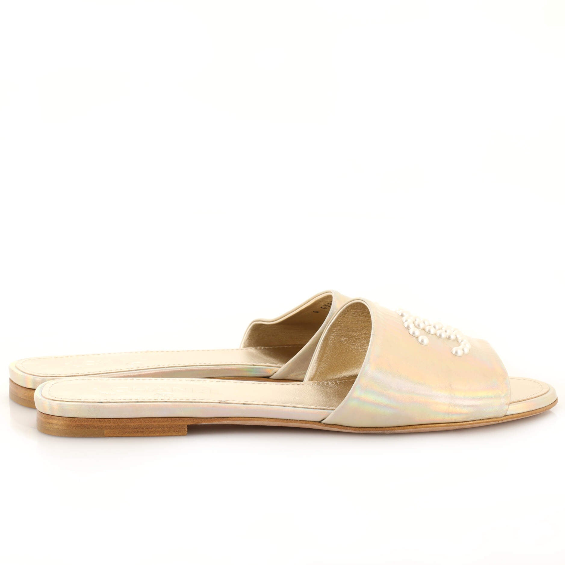 Women's CC Slide Sandals Leather with Faux Pearls