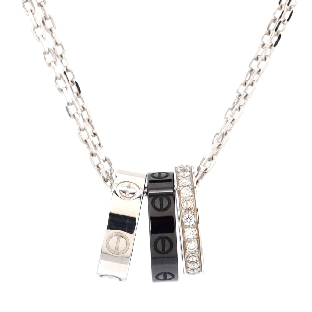 Love 3 Ring Pendant Necklace 18K White Gold and Ceramic with Diamonds