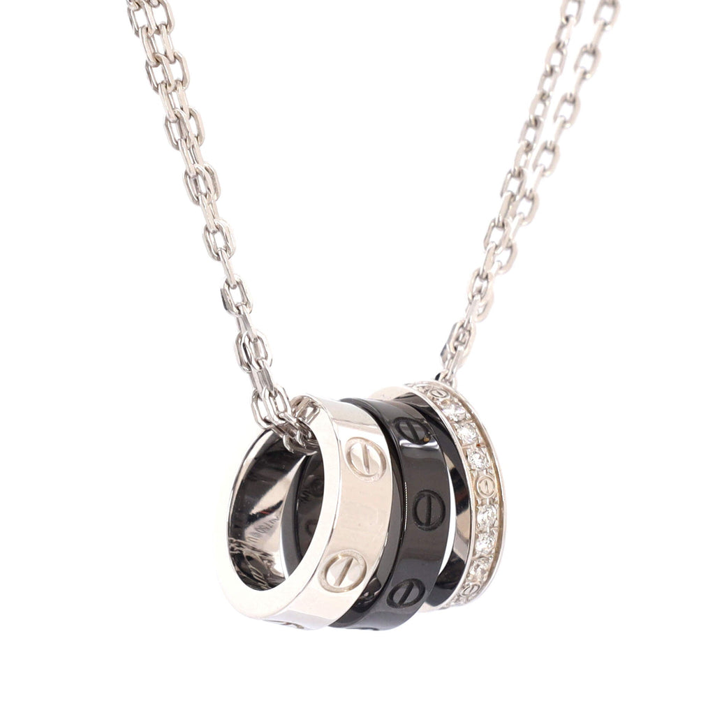 Love 3 Ring Pendant Necklace 18K White Gold and Ceramic with Diamonds