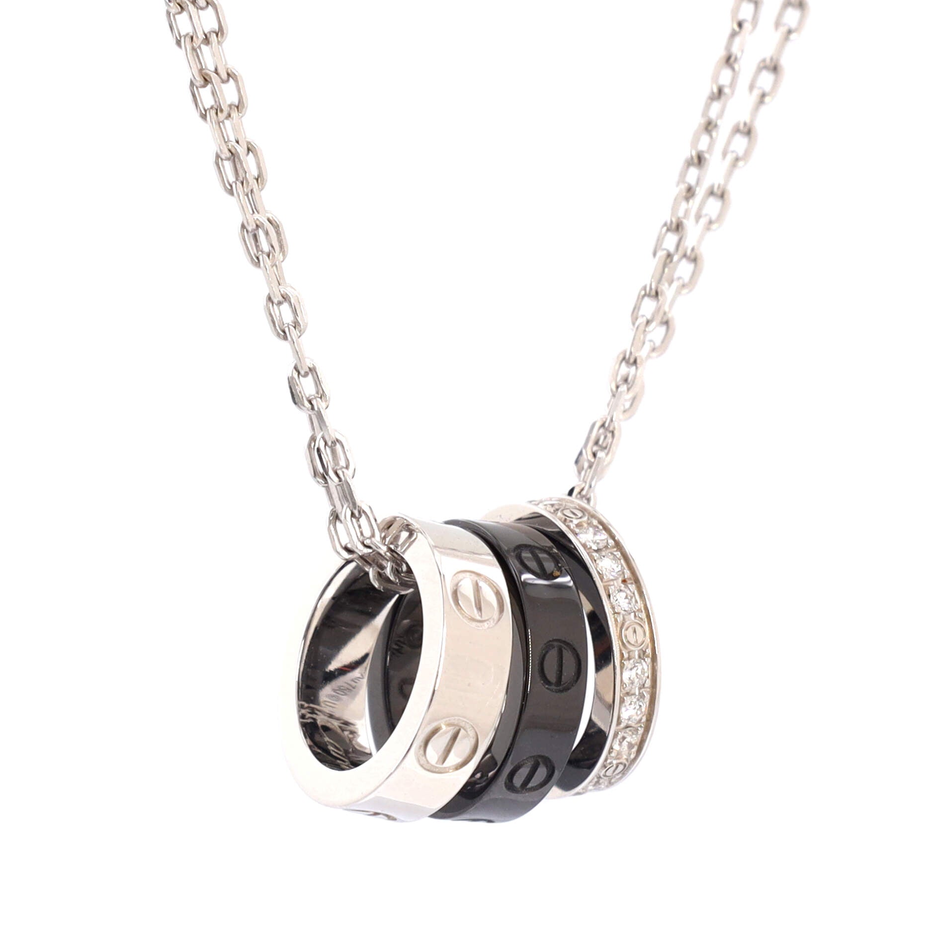 Love 3 Ring Pendant Necklace 18K White Gold and Ceramic with Diamonds
