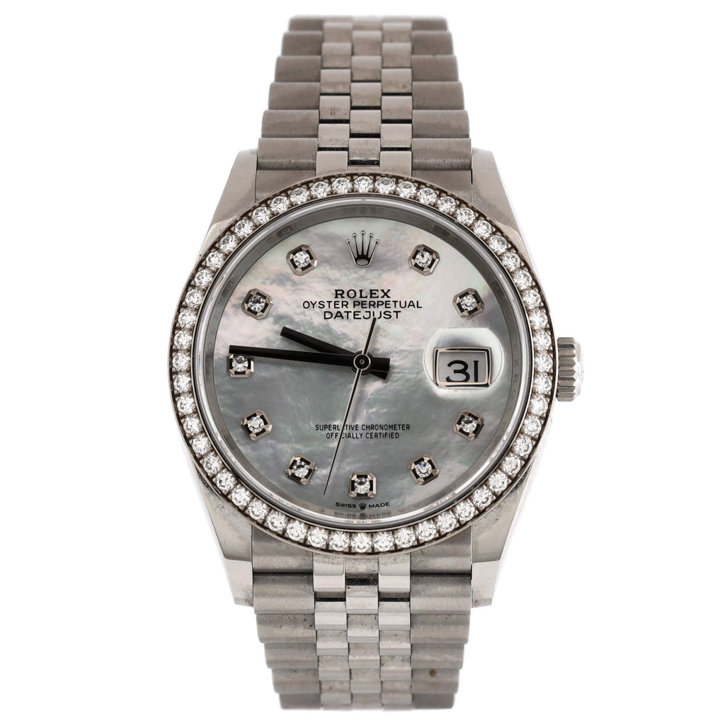 Oyster Perpetual Datejust Automatic Watch Stainless Steel and White Gold with Diamond Bezel and Markers and Mother of Pearl 36