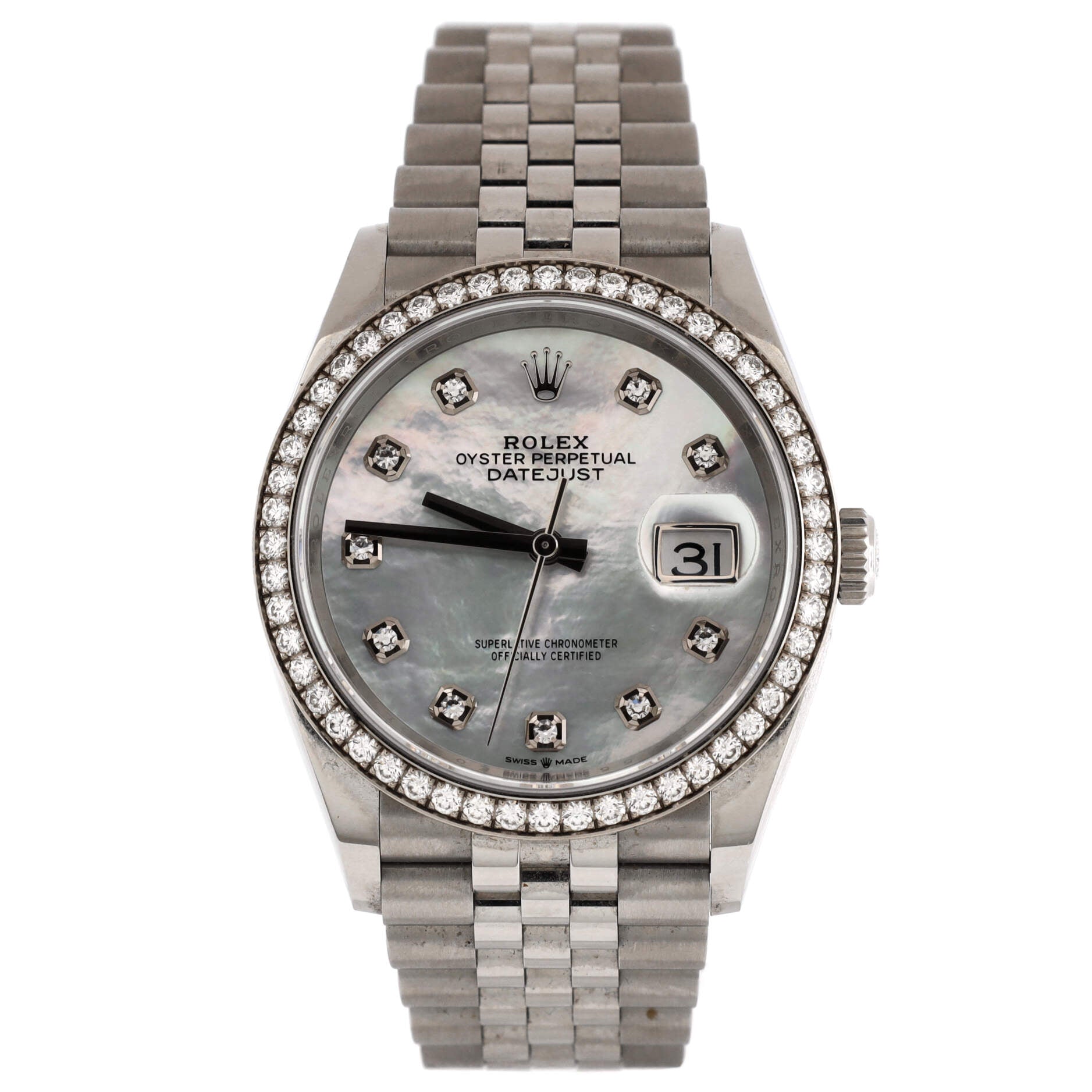 Oyster Perpetual Datejust Automatic Watch Stainless Steel and White Gold with Diamond Bezel and Markers and Mother of Pearl 36