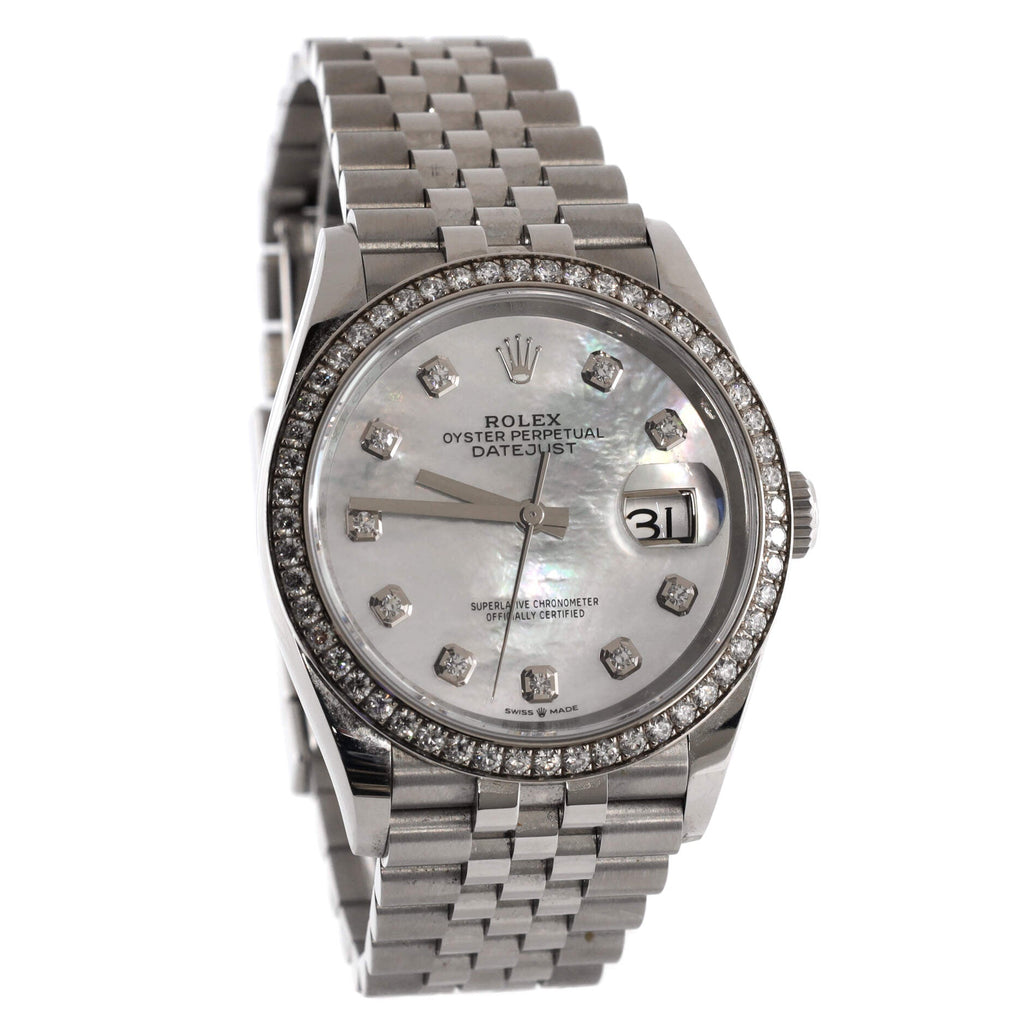 Oyster Perpetual Datejust Automatic Watch Stainless Steel and White Gold with Diamond Bezel and Markers and Mother of Pearl 36