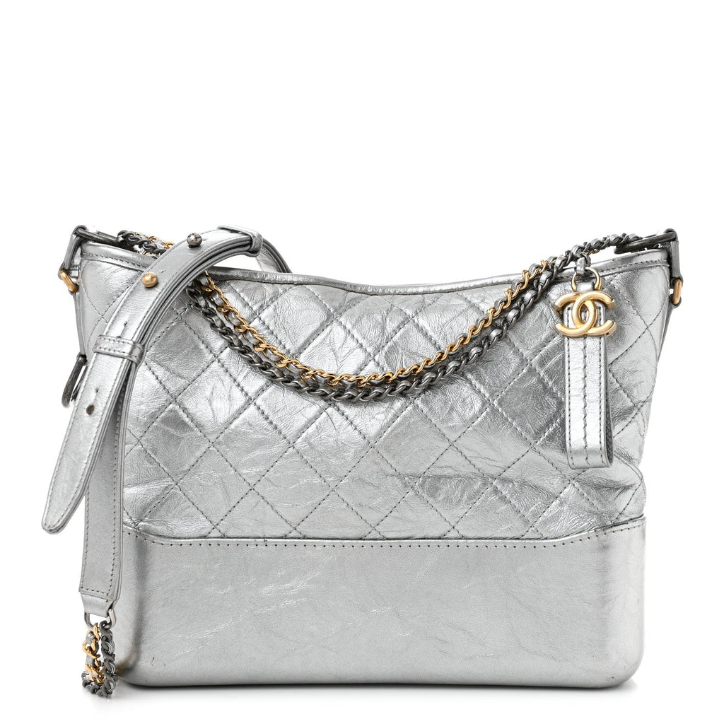 Metallic Aged Calfskin Quilted Medium Gabrielle Silver