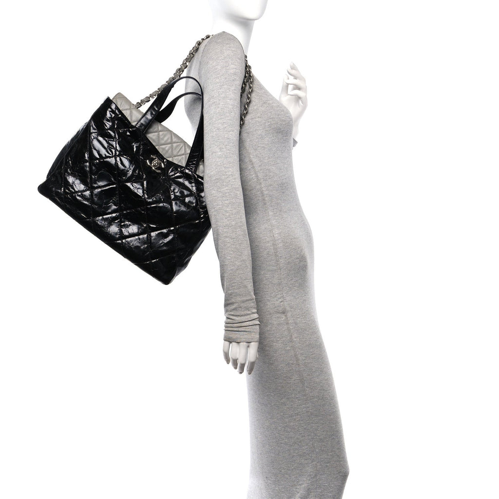 Glazed Calfskin Lambskin Quilted Portobello Tote Black Grey