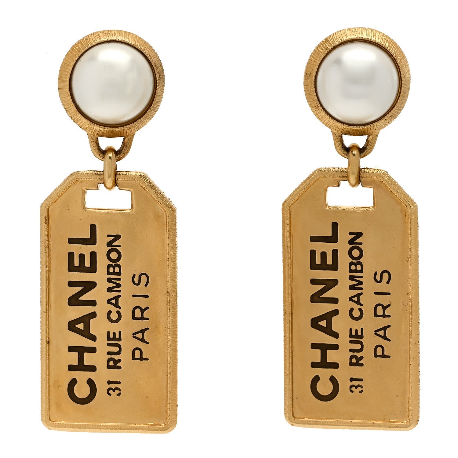 Pearl CC Tags Drop Earrings Gold