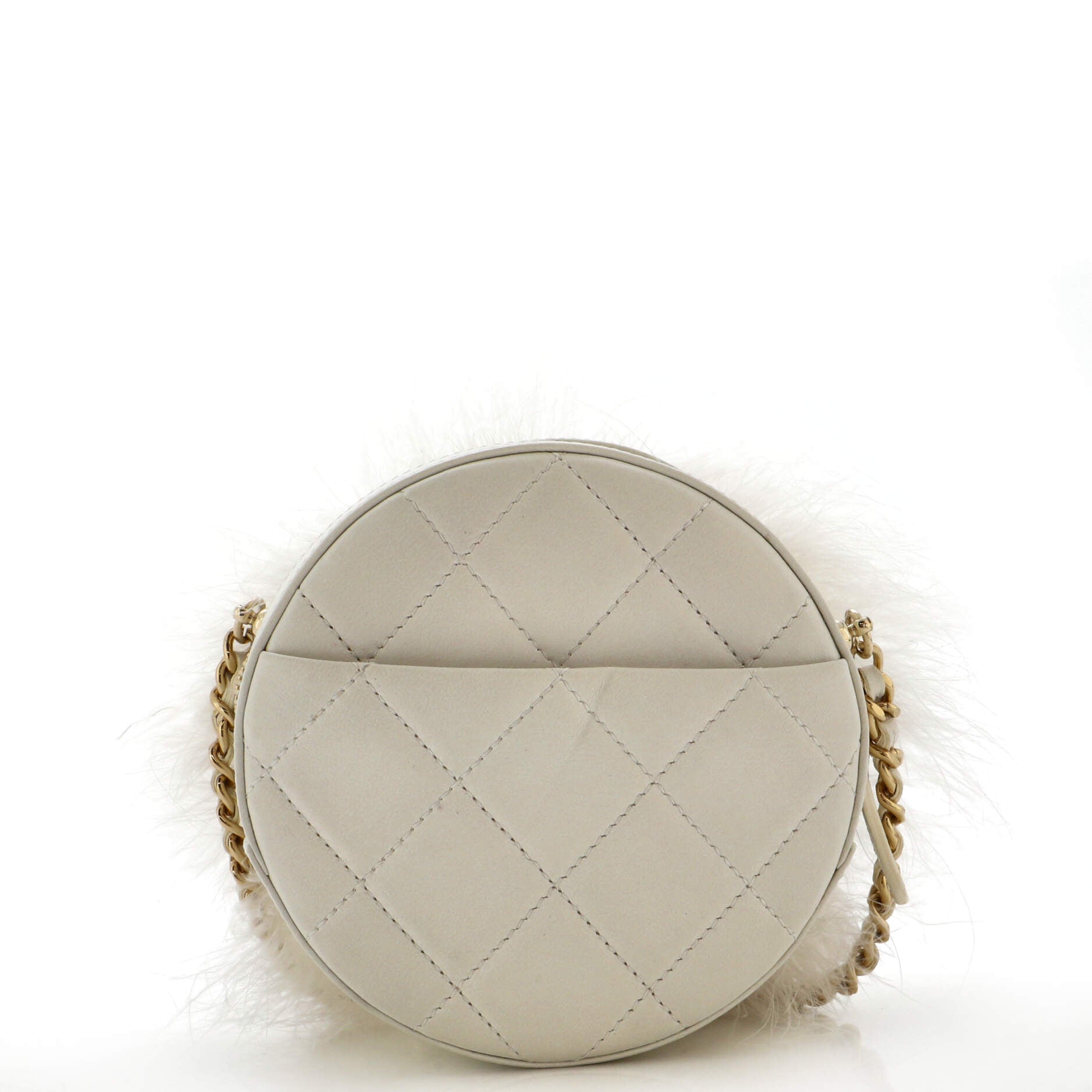 Round Clutch with Chain Feathers and Quilted Lambskin