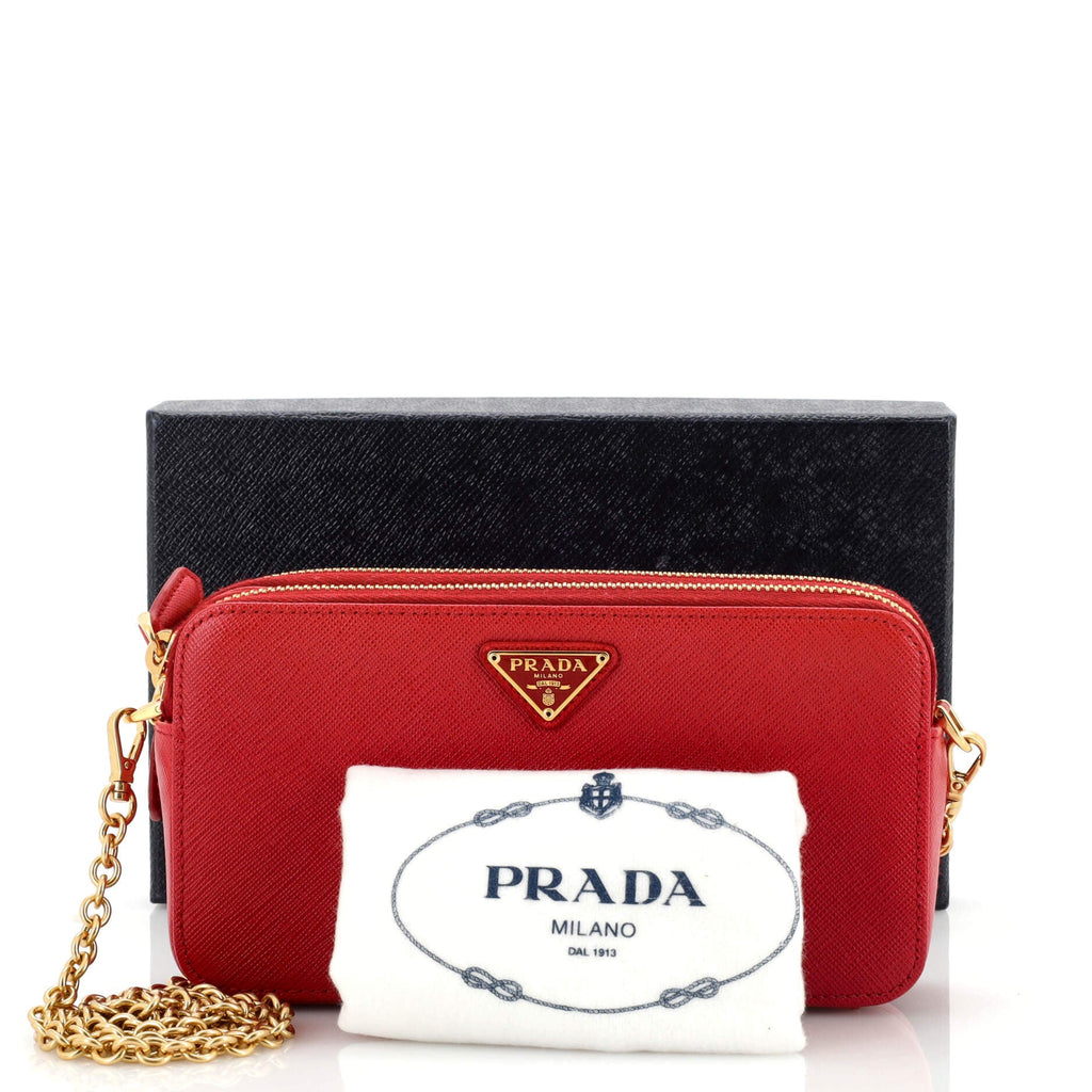 Double Zip Wallet on Chain Crossbody Saffiano Leather Mini