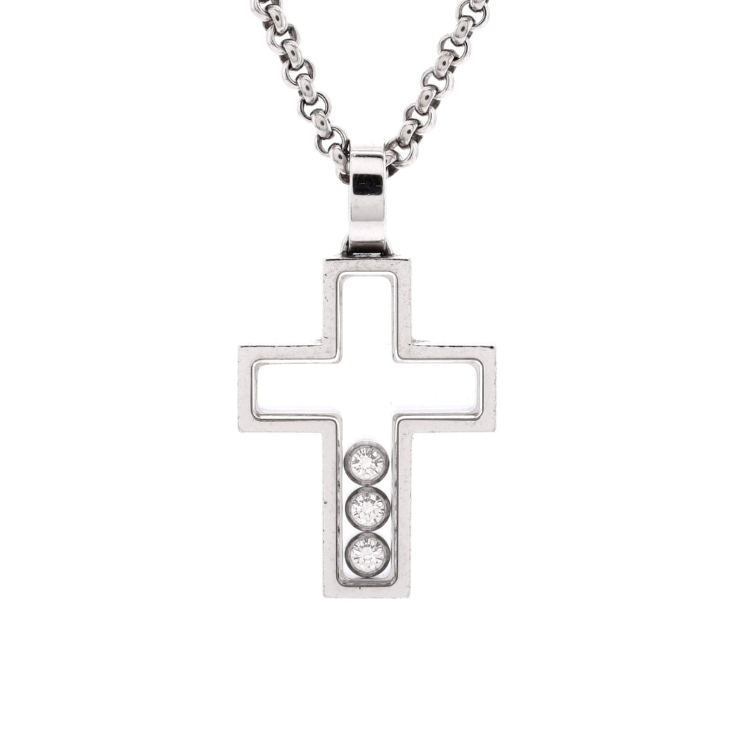 Happy 3 Diamonds Cross Pendant Necklace 18K White Gold with Floating Diamonds