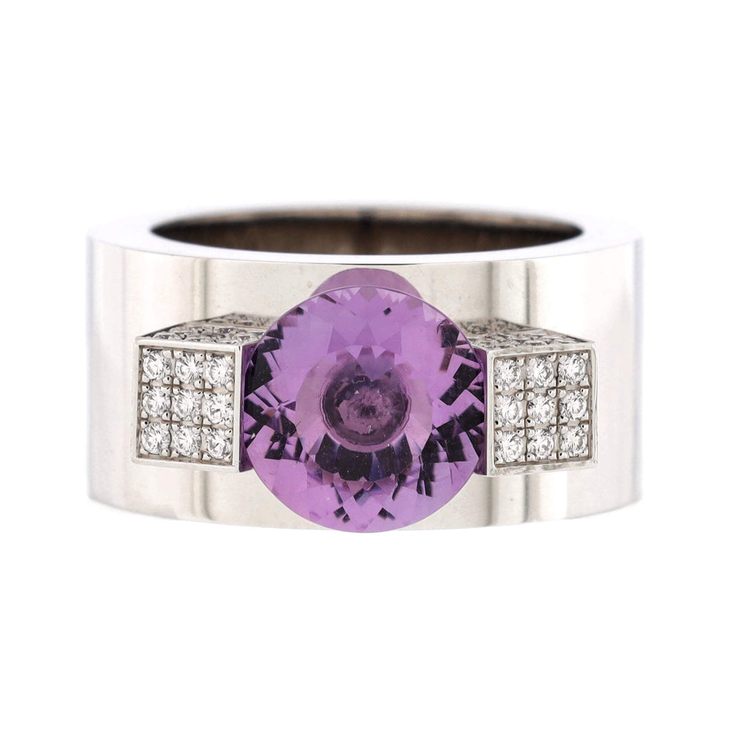 Wide Band Ring 18K White Gold with Amethyst and Diamonds