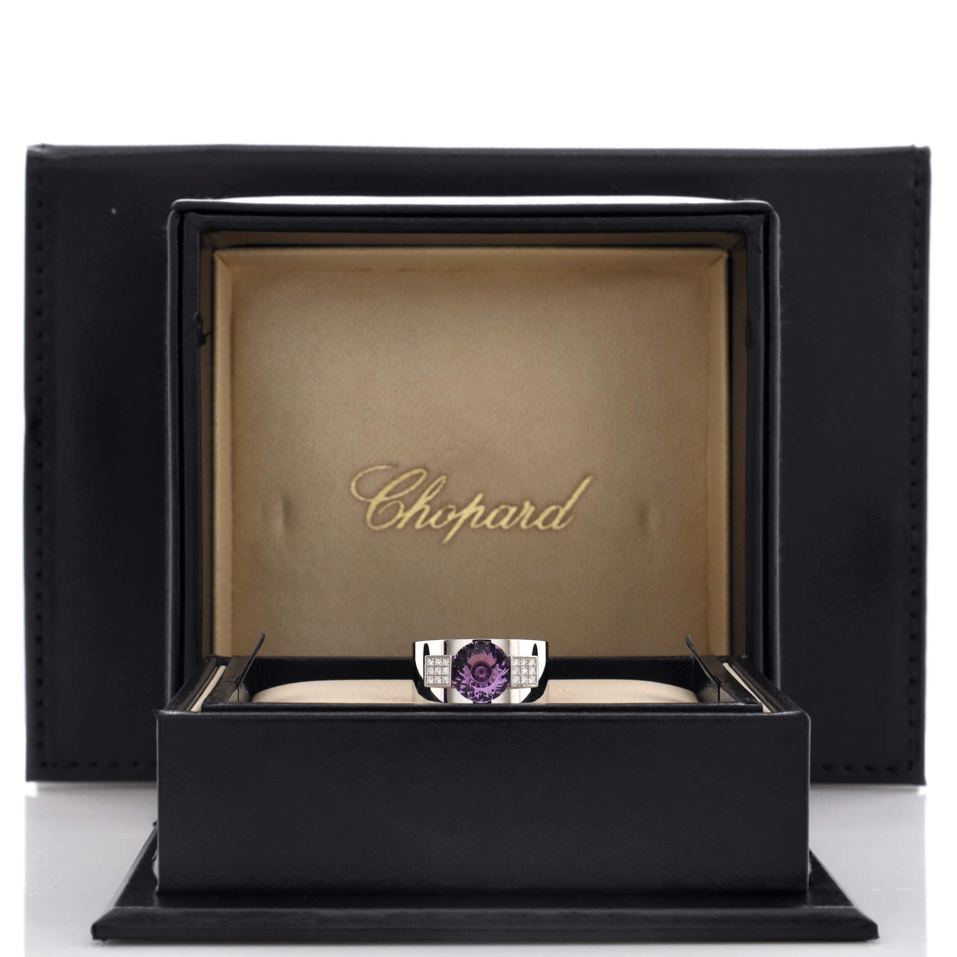 Wide Band Ring 18K White Gold with Amethyst and Diamonds
