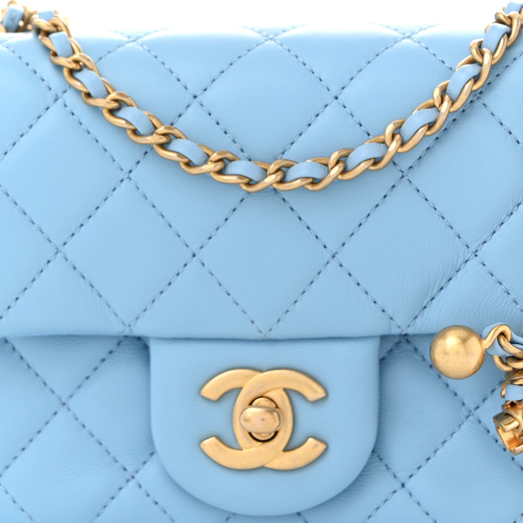 Lambskin Quilted Mini Pearl Crush Flap Light Blue