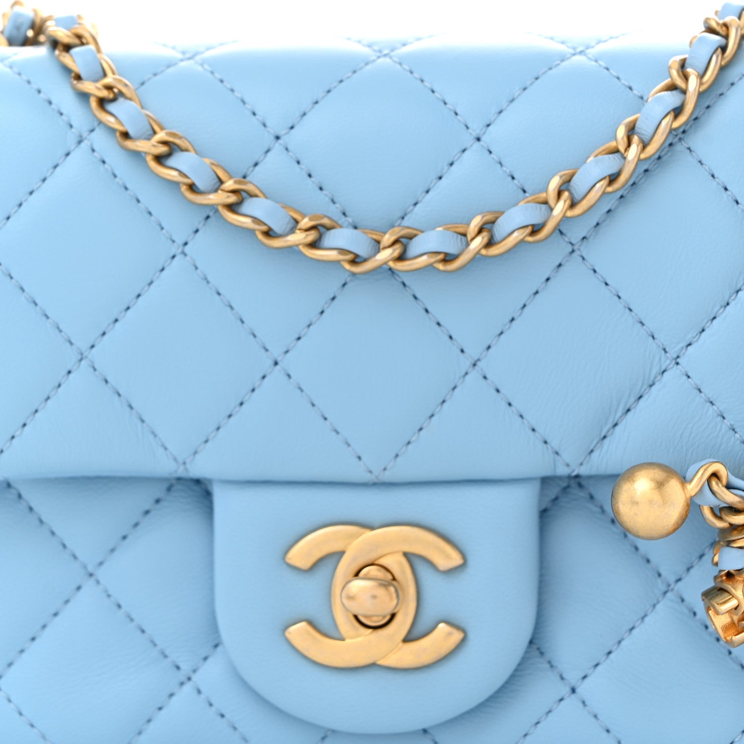Lambskin Quilted Mini Pearl Crush Flap Light Blue