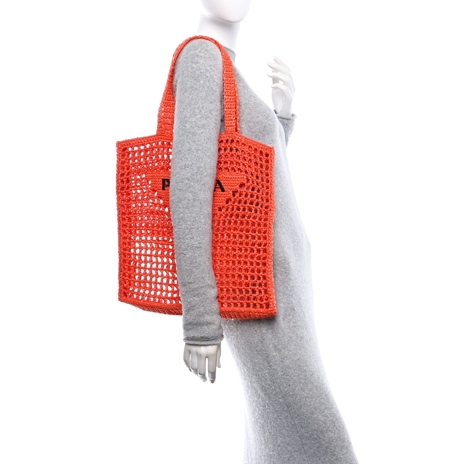 Yarn Raffia Effect Crochet Logo Embroidered Tote Bag Arancio